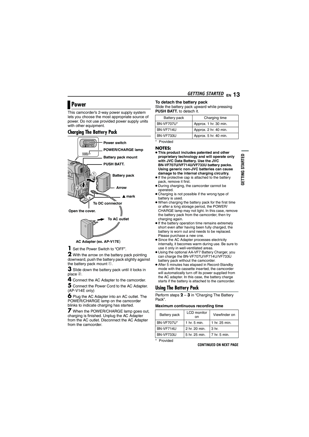 JVC GR-DVM5 manual Power, Charging The Battery Pack, Using The Battery Pack, Maximum continuous recording time 