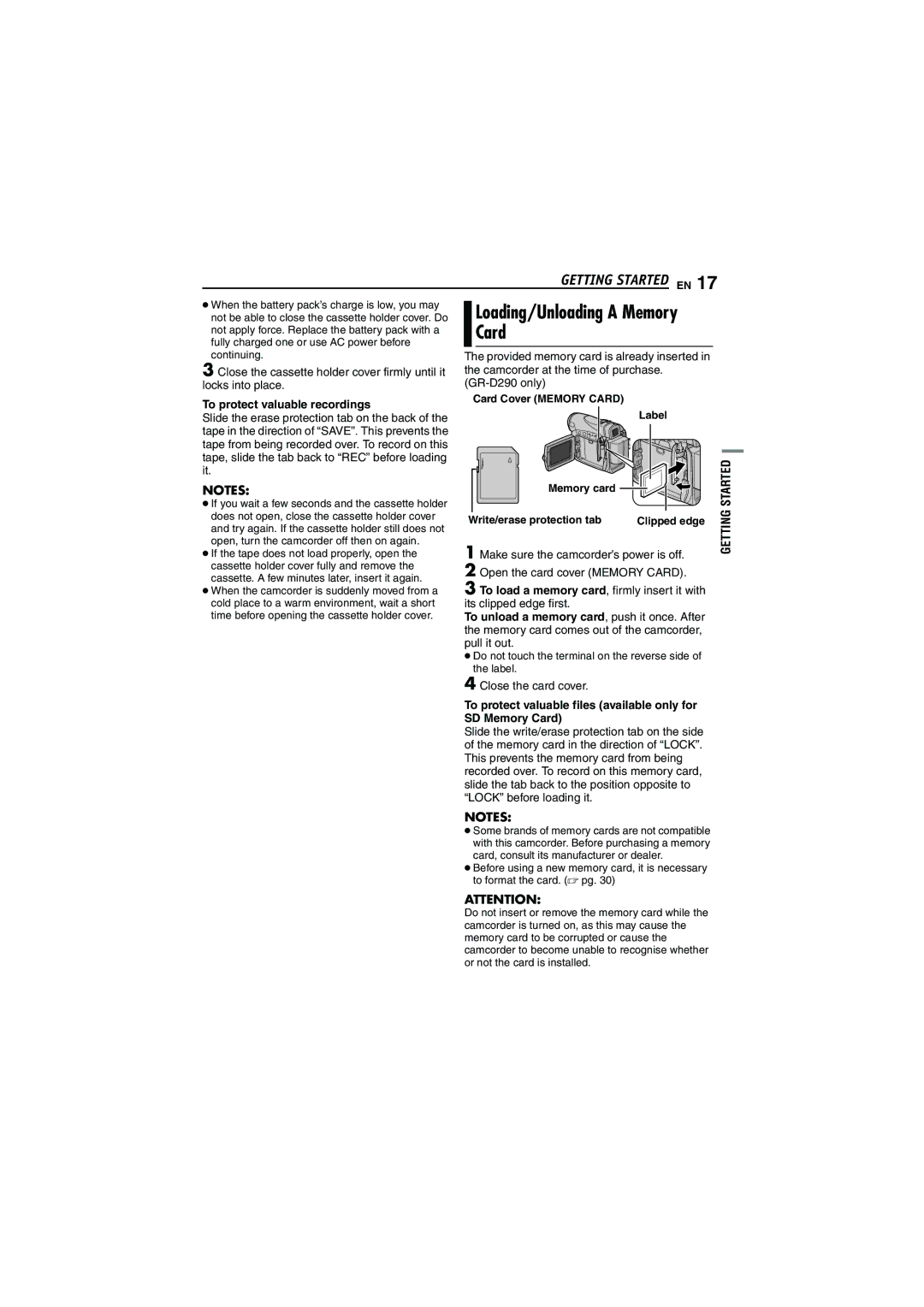 JVC GR-DVM5 manual Card, To protect valuable recordings, Close the card cover 