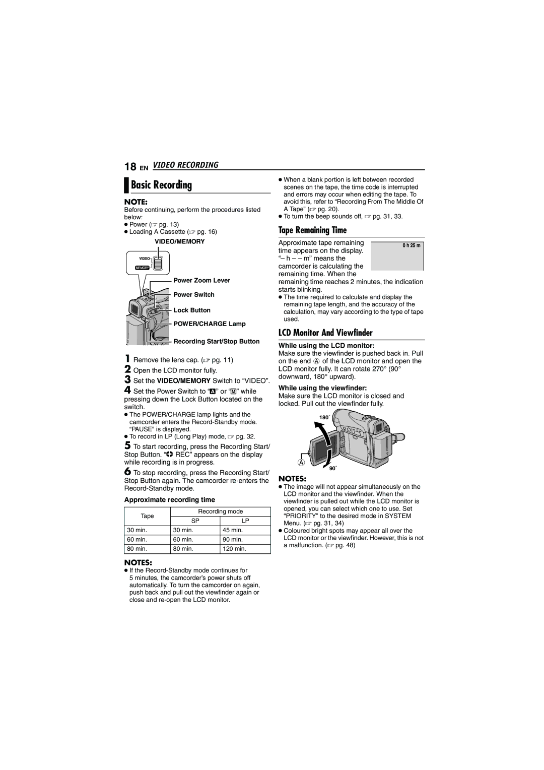 JVC GR-DVM5 manual Basic Recording, EN Video Recording, Tape Remaining Time, LCD Monitor And Viewfinder 