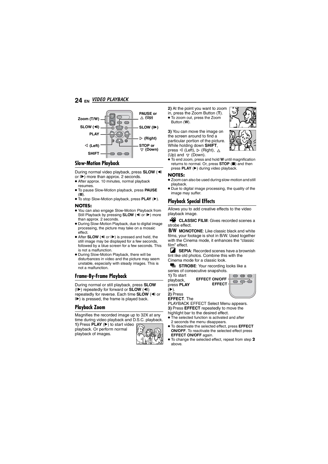 JVC GR-DVM5 manual Playback Special Effects, Frame-By-Frame Playback, Playback Zoom 