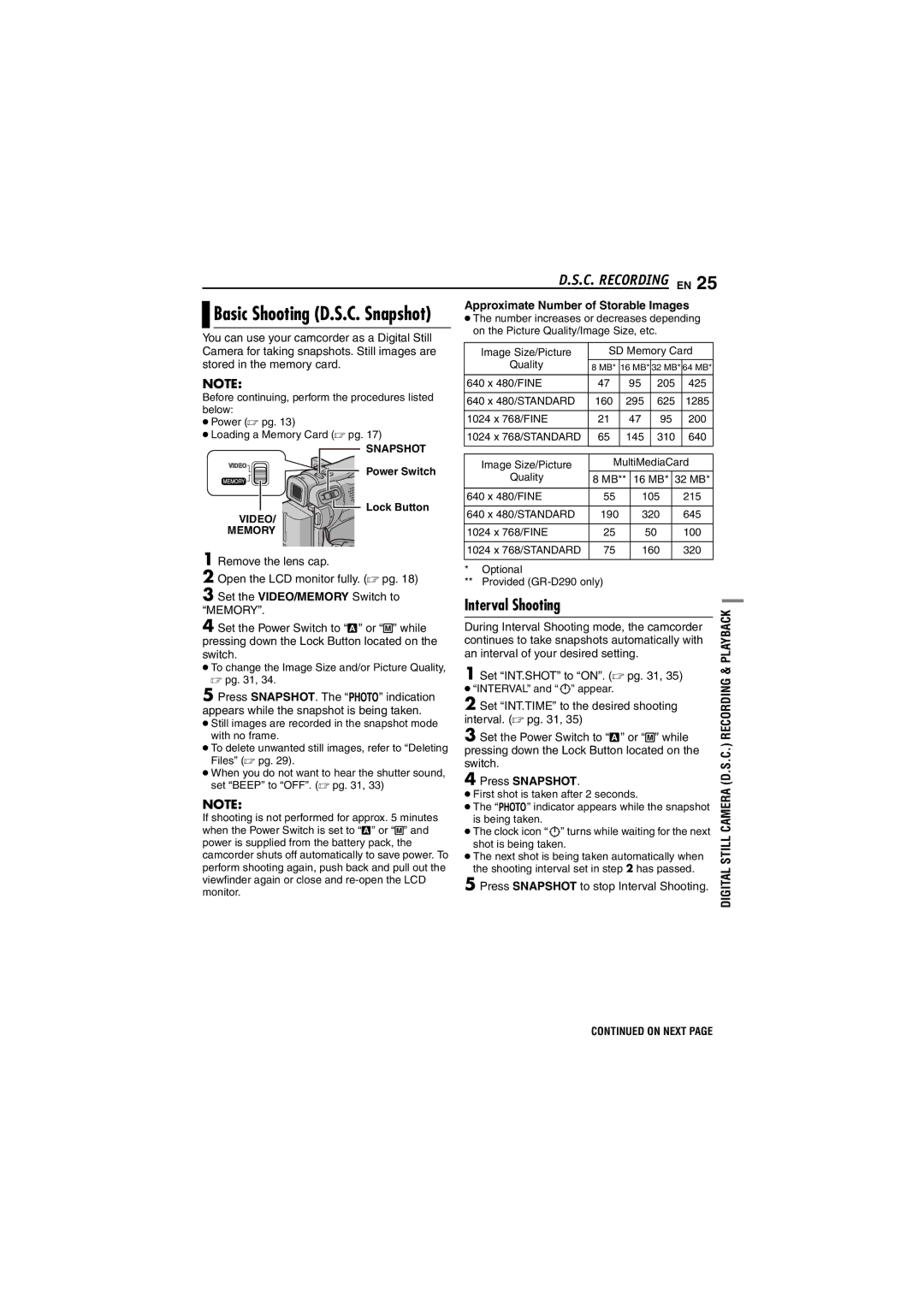 JVC GR-DVM5 manual C. Recording EN, Basic Shooting D.S.C. Snapshot, Approximate Number of Storable Images, Press Snapshot 