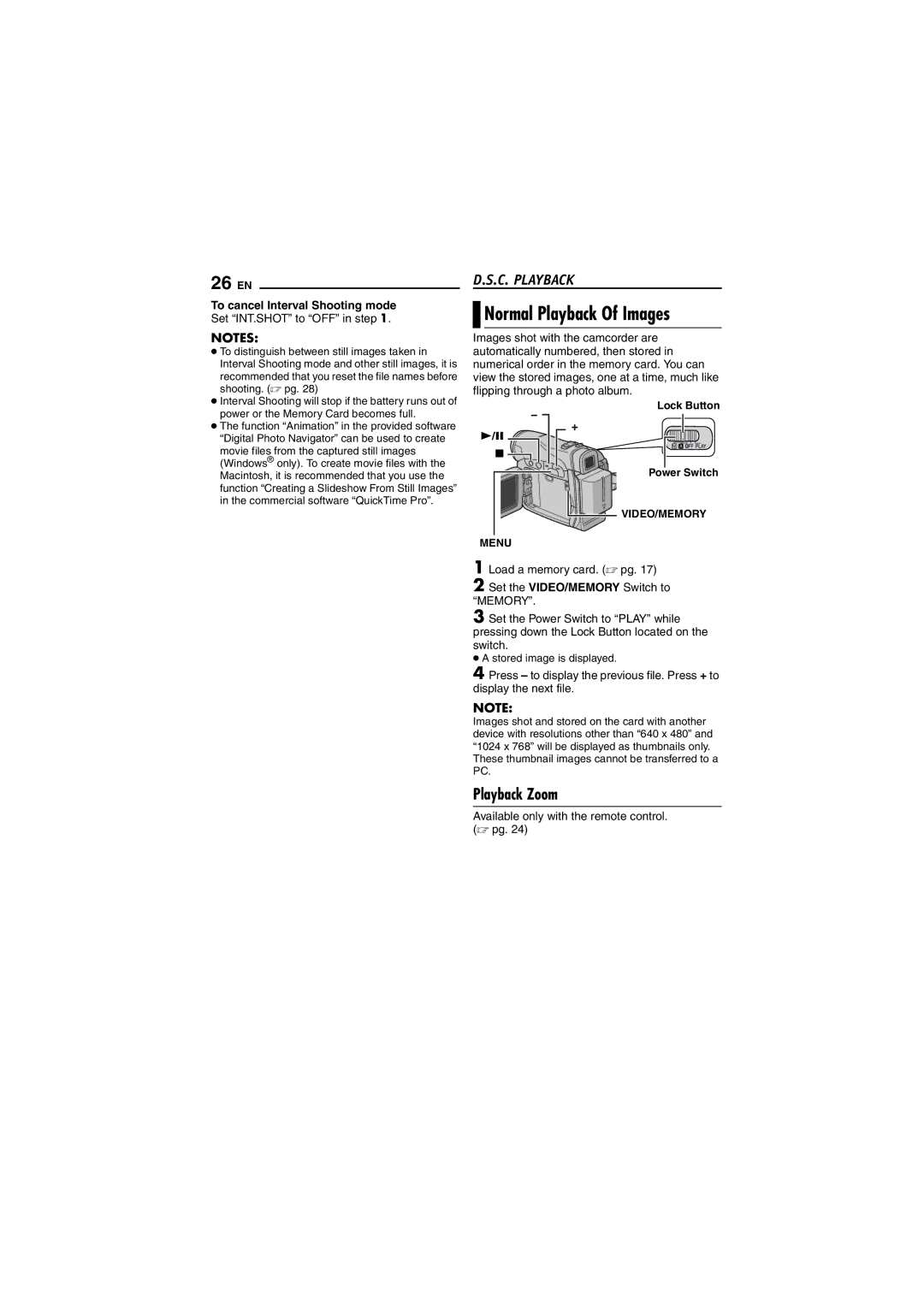 JVC GR-DVM5 manual Normal Playback Of Images, C. Playback, To cancel Interval Shooting mode, Set INT.SHOT to OFF in step 