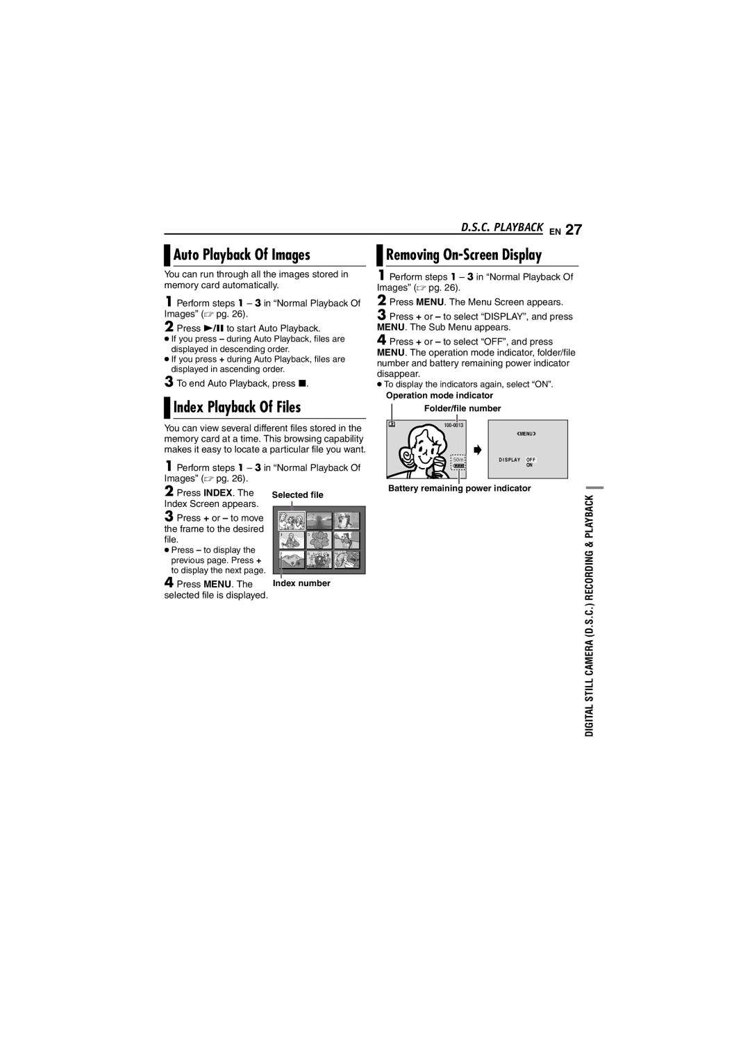 JVC GR-DVM5 manual Auto Playback Of Images, Index Playback Of Files, Removing On-Screen Display 