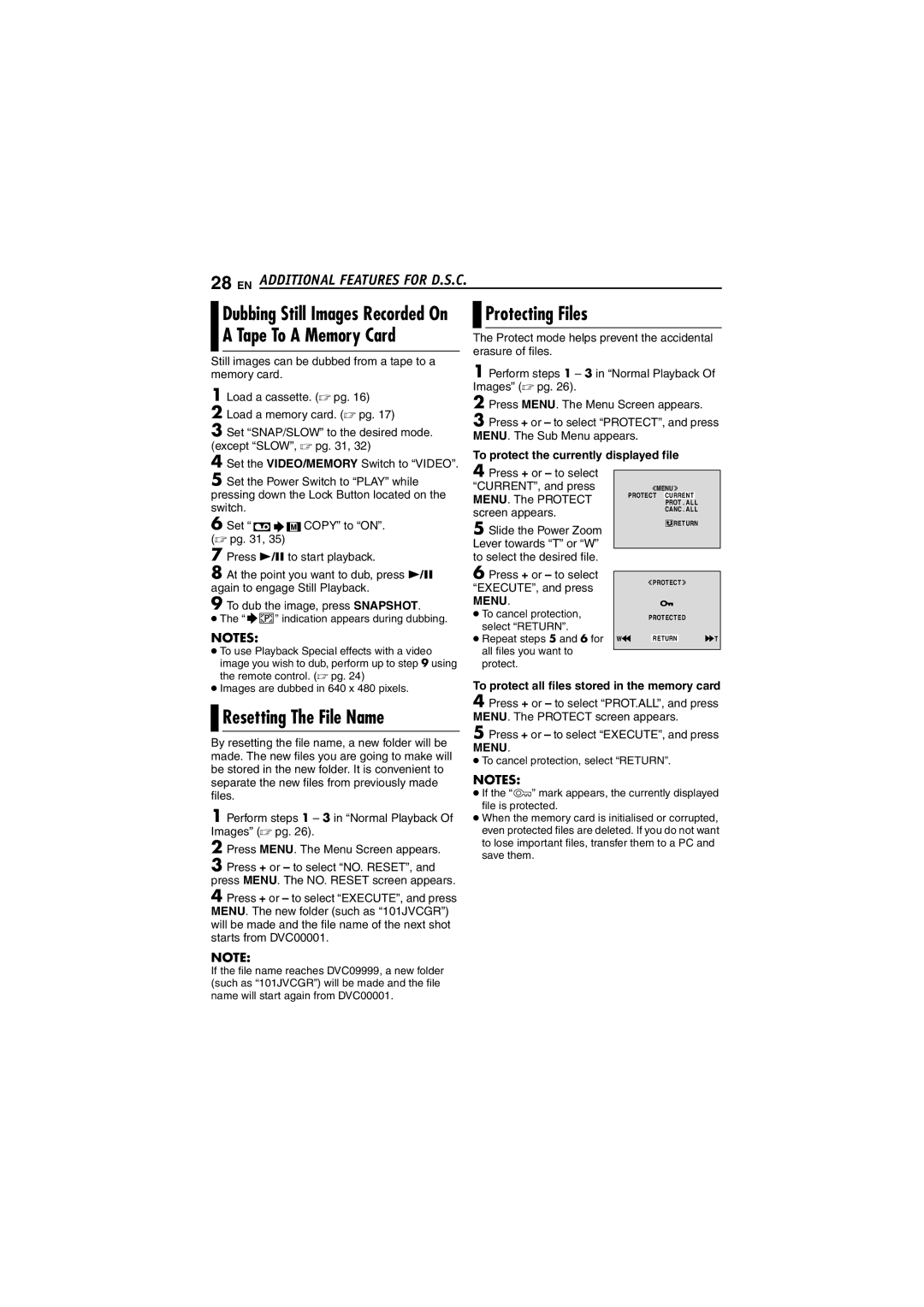 JVC GR-DVM5 Protecting Files Tape To a Memory Card, Resetting The File Name, To protect the currently displayed file, Menu 
