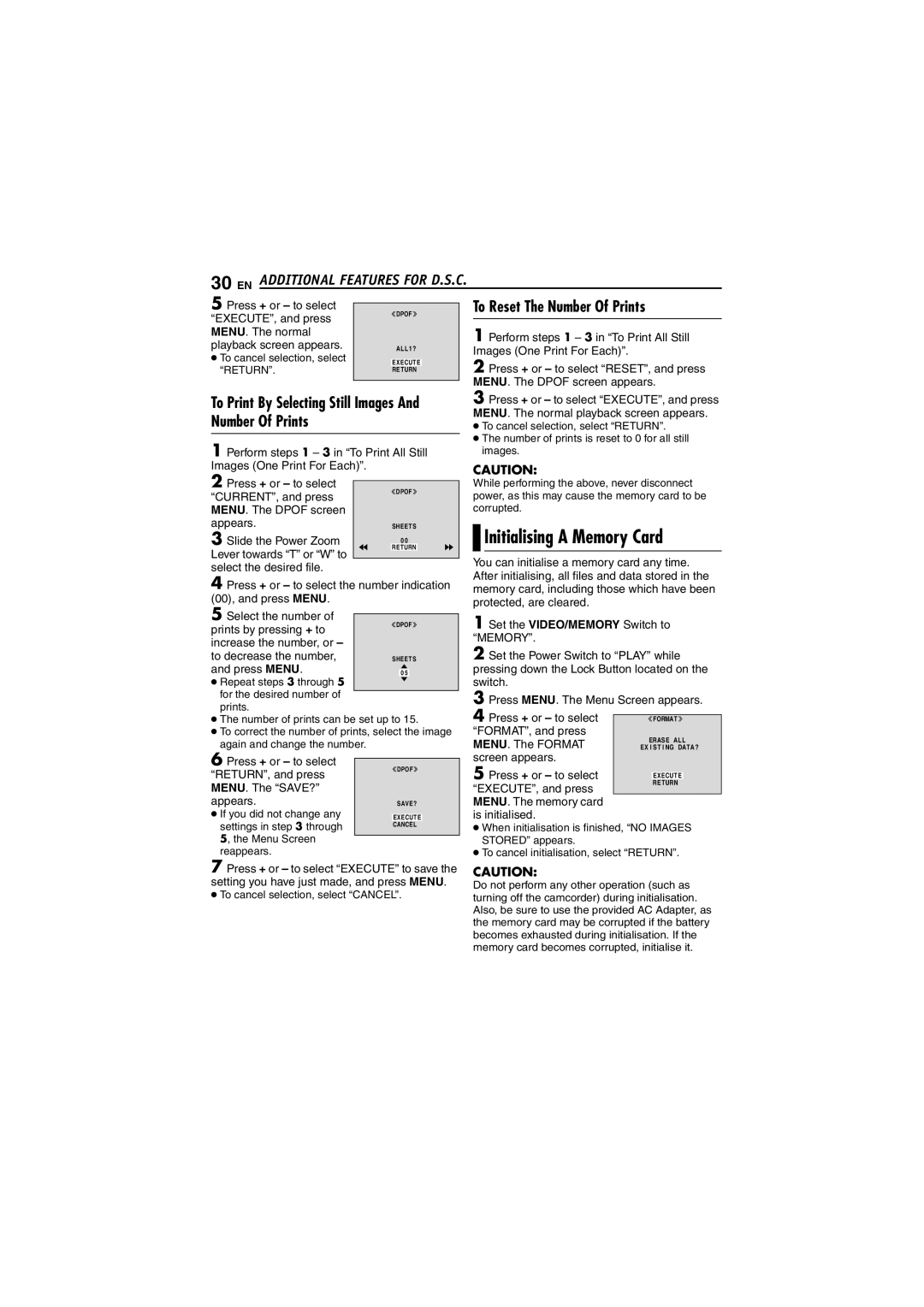 JVC GR-DVM5 manual Initialising a Memory Card, EN Additional Features for D.S.C, To Reset The Number Of Prints 