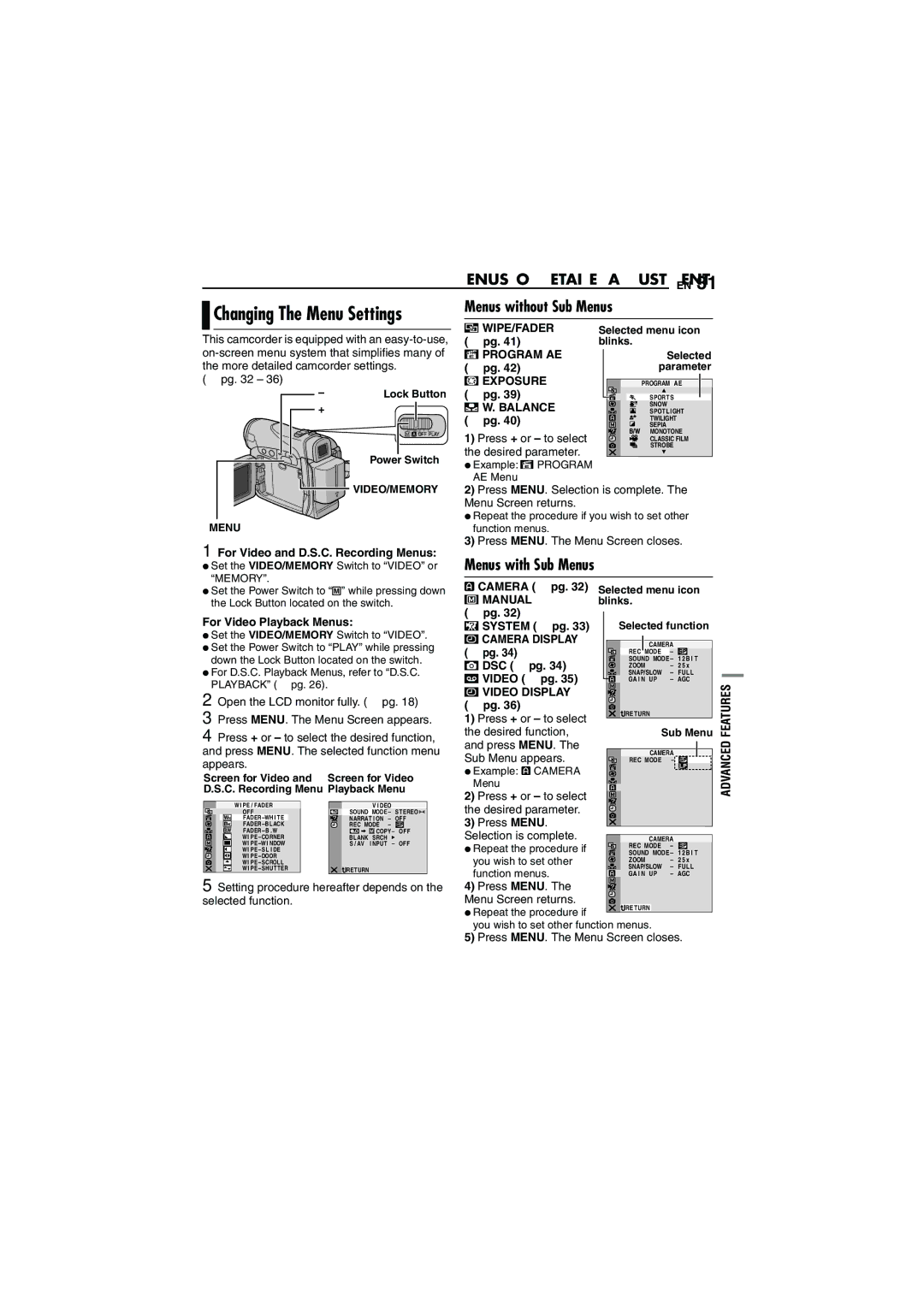 JVC GR-DVM5 manual Menus for Detailed Adjustment EN, Menus without Sub Menus, Menus with Sub Menus 