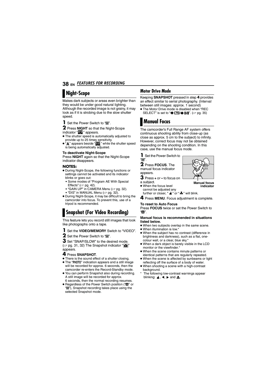 JVC GR-DVM5 manual Night-Scope, EN Features for Recording, Snapshot For Video Recording 