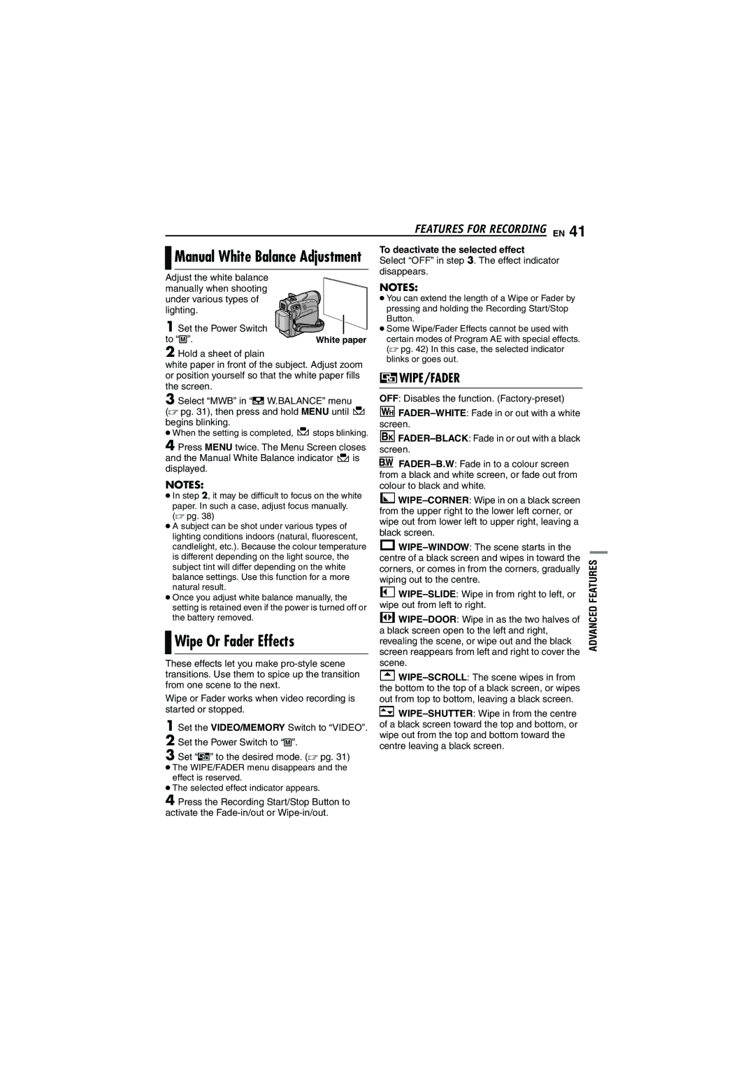 JVC GR-DVM5 manual Wipe Or Fader Effects, To deactivate the selected effect 