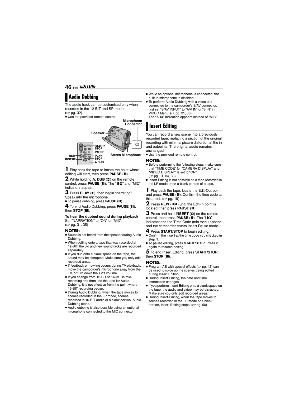 JVC GR-DVM5 manual Audio Dubbing, Insert Editing, To hear the dubbed sound during playback 