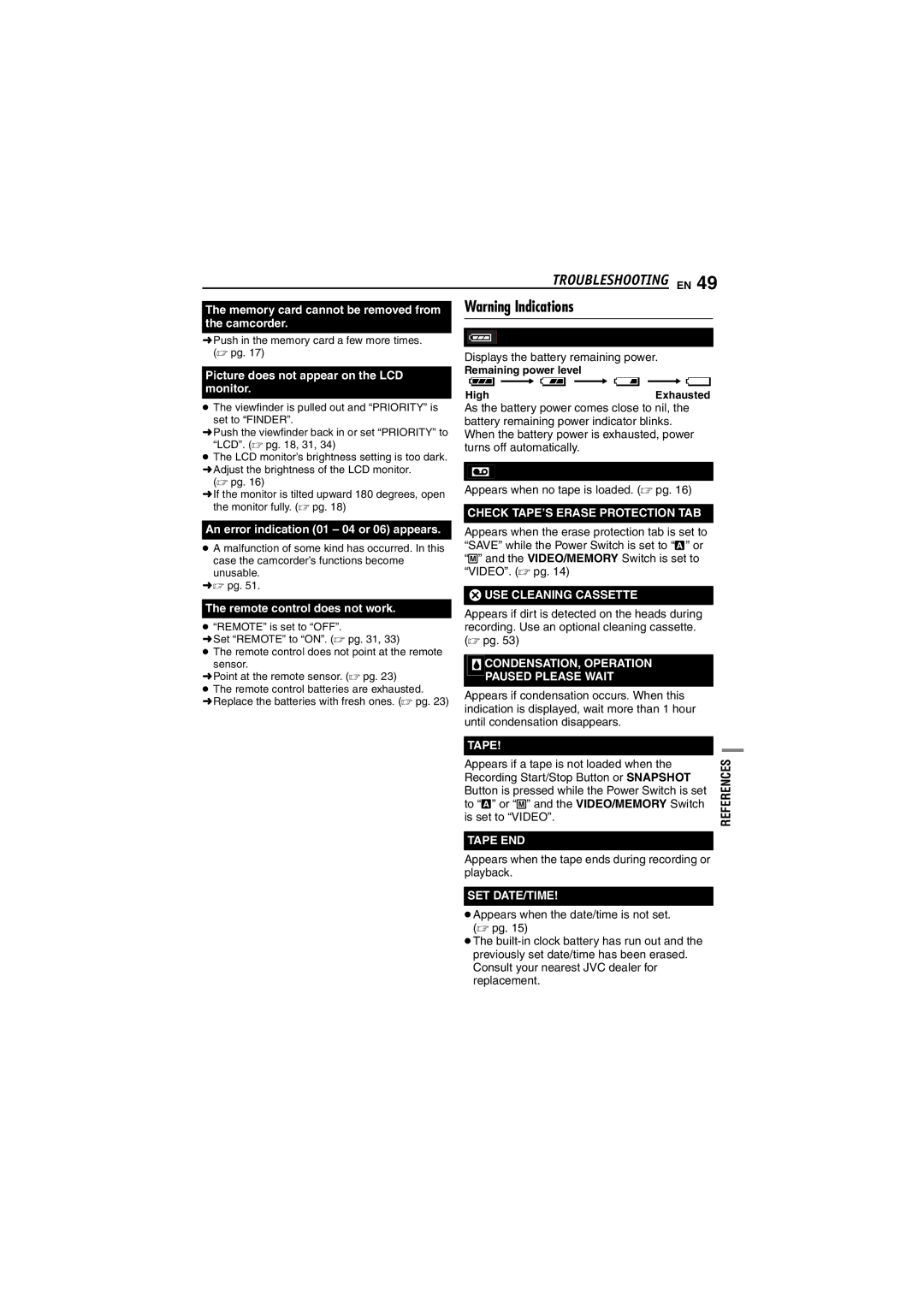 JVC GR-DVM5 manual Troubleshooting EN 