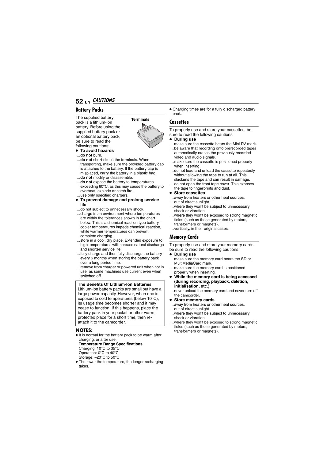 JVC GR-DVM5 manual EN Cautions, Battery Packs, Cassettes, Memory Cards 