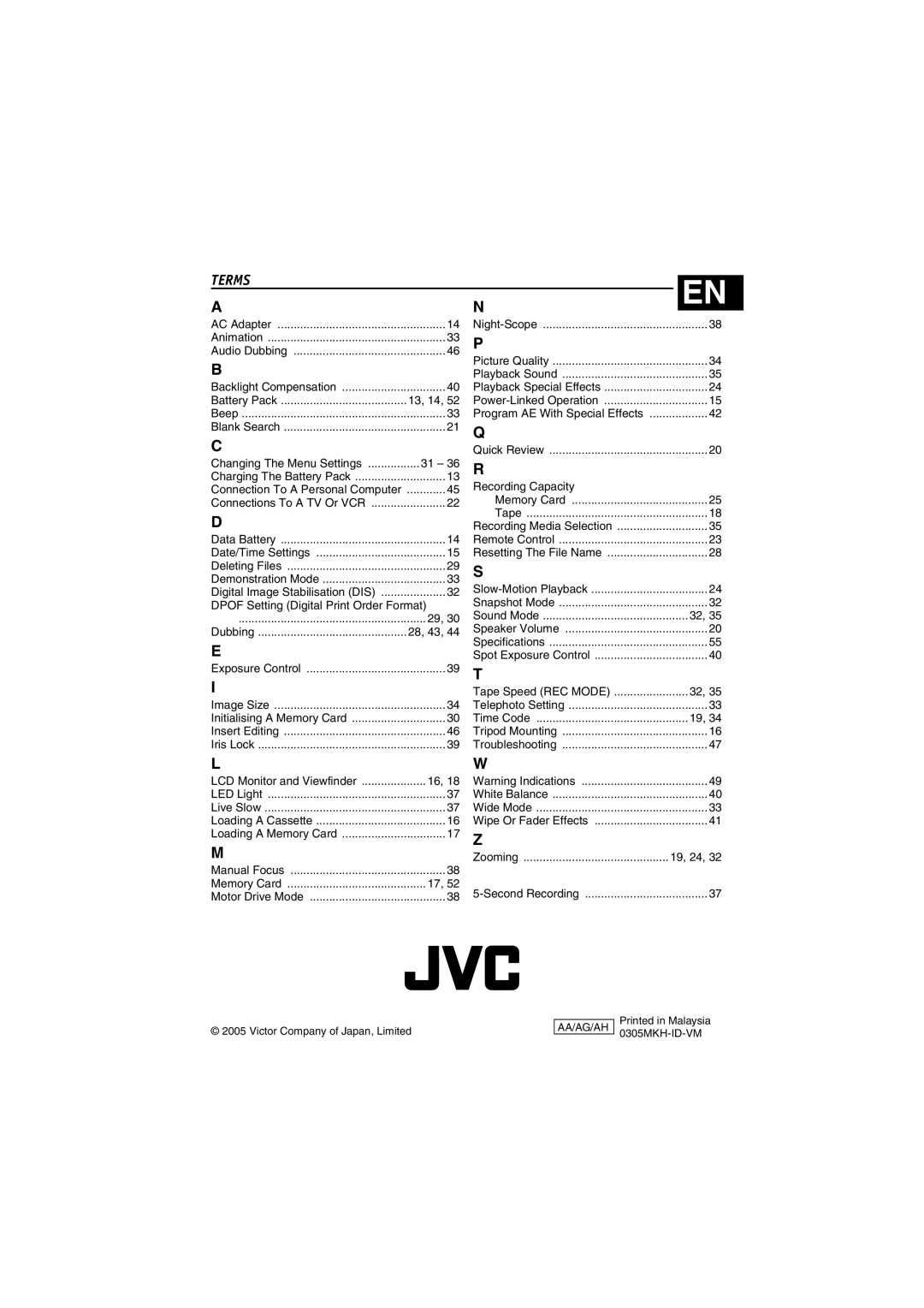 JVC GR-DVM5 manual Terms, Dpof Setting Digital Print Order Format, Recording Capacity 