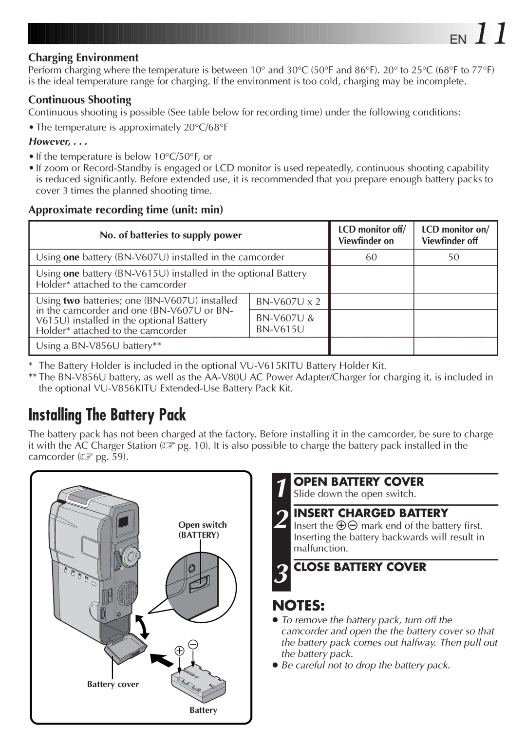 JVC GR-DVM5 manual Installing The Battery Pack, Open Battery Cover, Insert Charged Battery, Close Battery Cover 