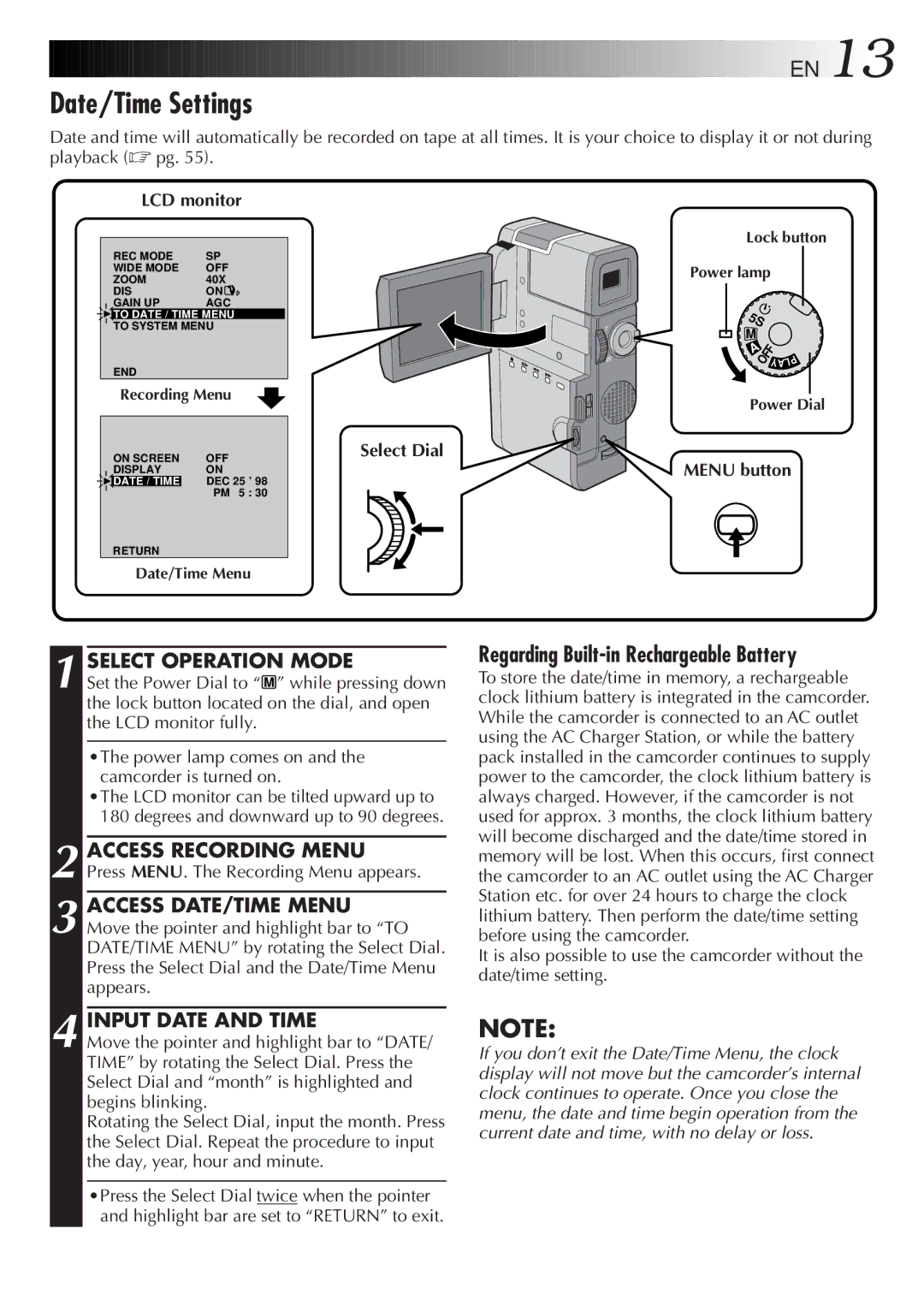 JVC GR-DVM5 manual Date/Time Settings, Select Operation Mode, Input Date and Time, LCD monitor, Select Dial Menu button 