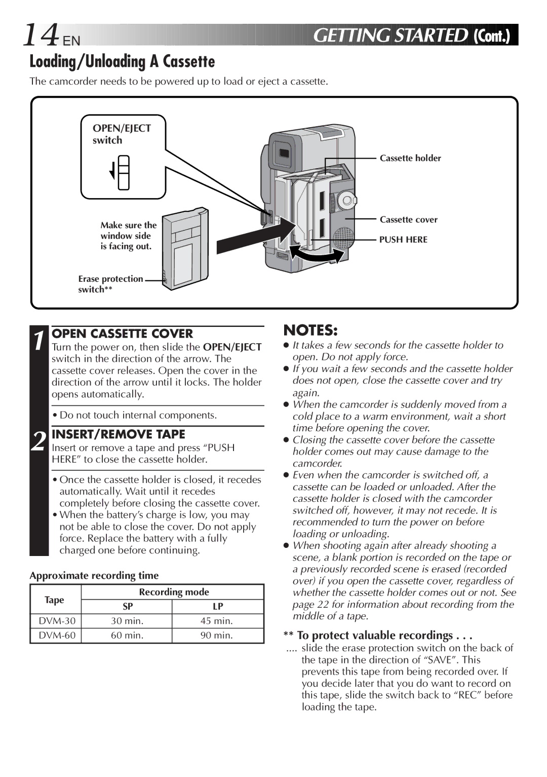 JVC GR-DVM5 manual Loading/Unloading a Cassette, Open Cassette Cover, INSERT/REMOVE Tape, To protect valuable recordings 