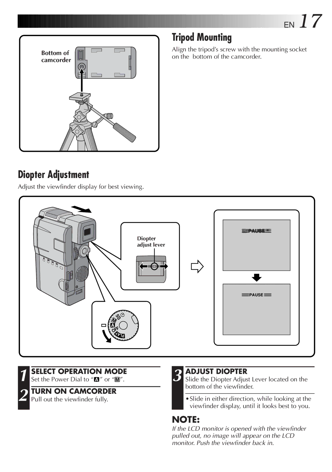 JVC GR-DVM5 manual Diopter Adjustment, Tripod Mounting, Turn on Camcorder, Adjust Diopter 