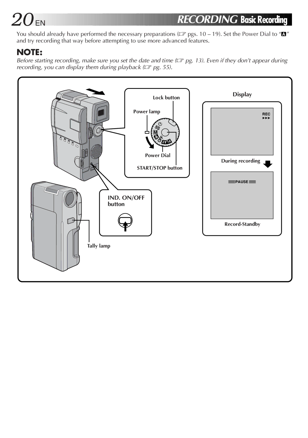JVC GR-DVM5 manual EN Recording, IND. ON/OFF button Display 