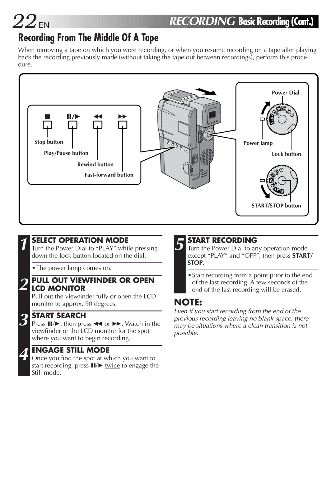 JVC GR-DVM5 manual Recording From The Middle Of a Tape, Start Search, Engage Still Mode 