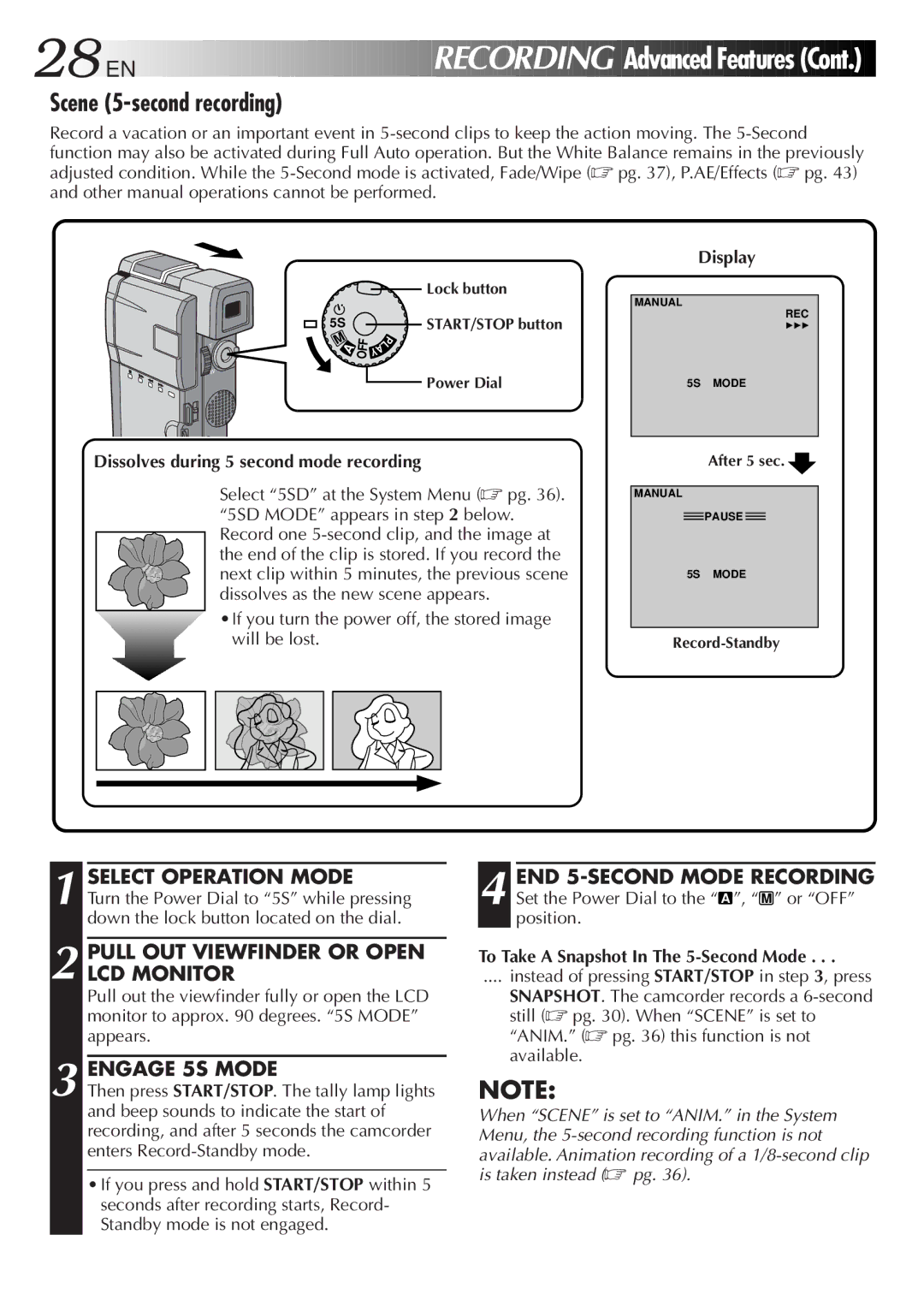 JVC GR-DVM5 manual Scene 5-second recording, Engage 5S Mode, END 5-SECOND Mode Recording 