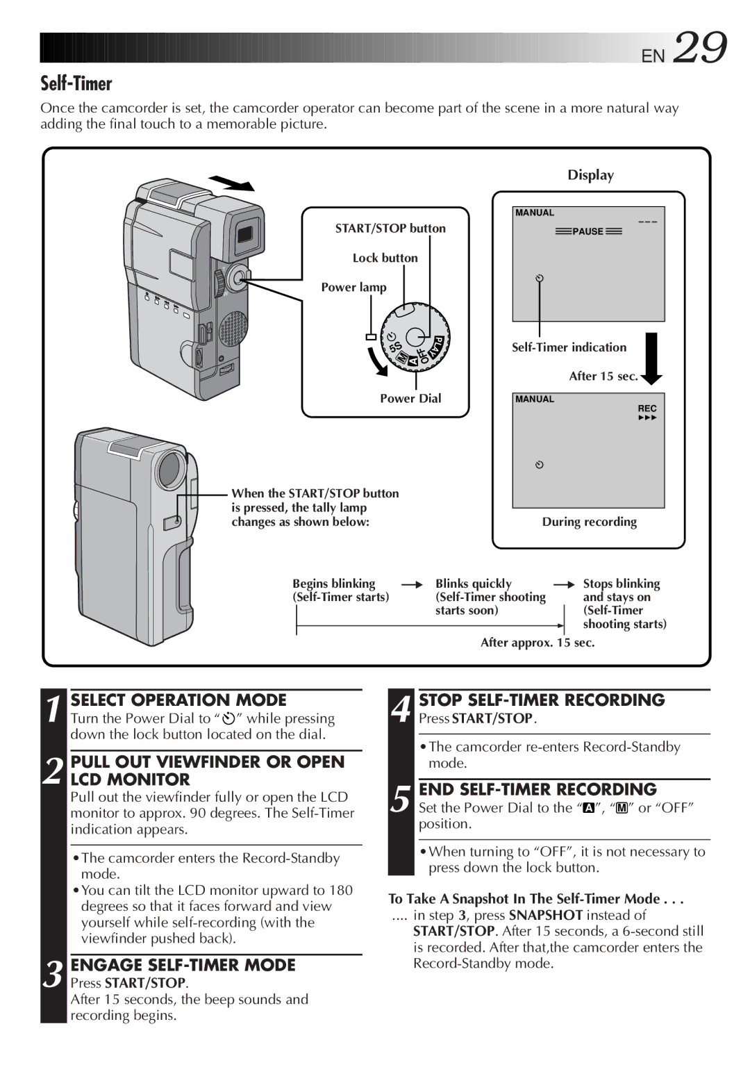 JVC GR-DVM5 manual Self-Timer, Engage SELF-TIMER Mode, Stop SELF-TIMER Recording, END SELF-TIMER Recording 