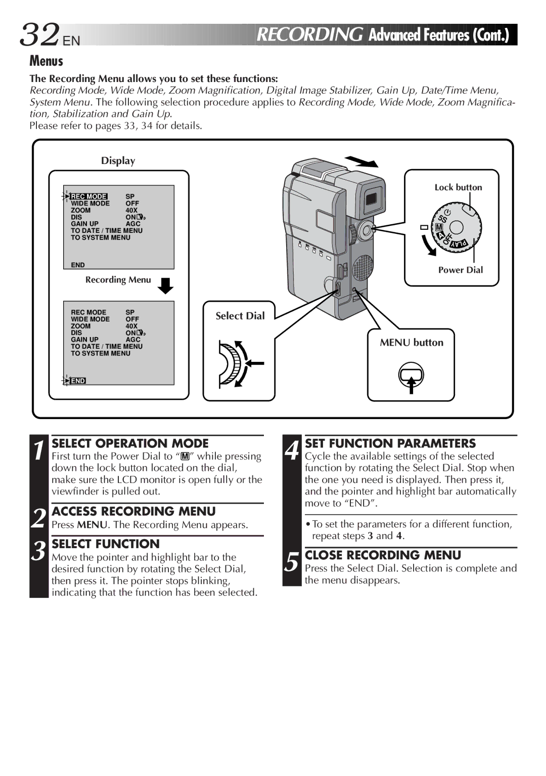 JVC GR-DVM5 manual Menus, Close Recording Menu, Recording Menu allows you to set these functions 