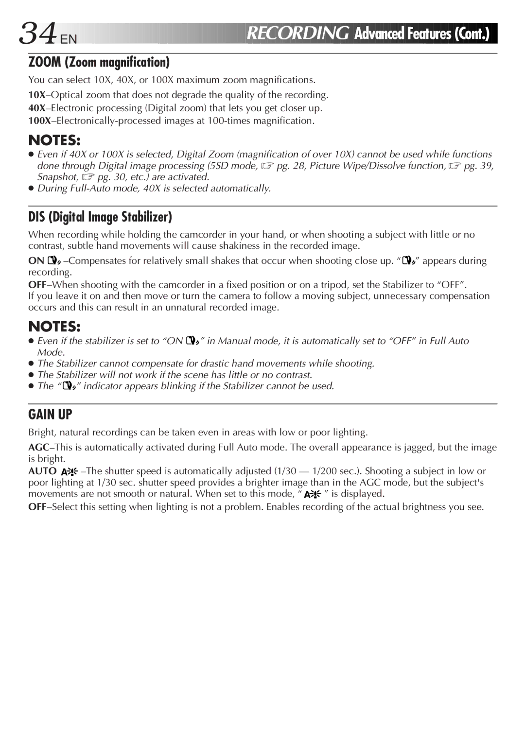 JVC GR-DVM5 manual Zoom Zoom magnification, DIS Digital Image Stabilizer 