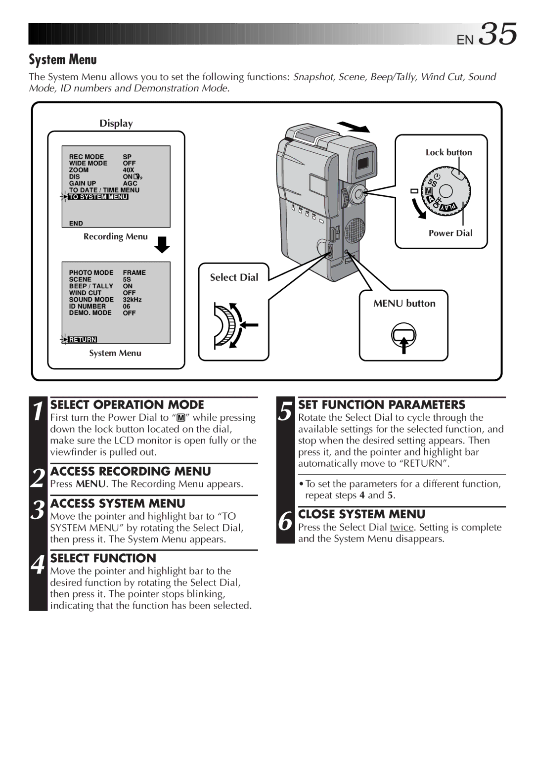 JVC GR-DVM5 manual Close System Menu 