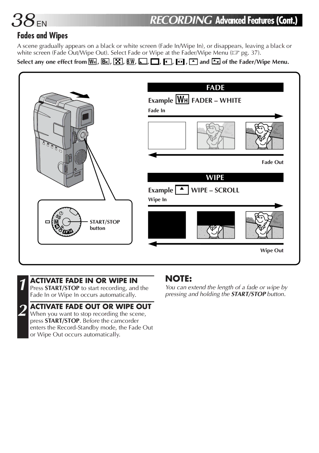 JVC GR-DVM5 manual Fades and Wipes, Example WH Fader White, Example Wipe Scroll, Wh , Bk , , B W 