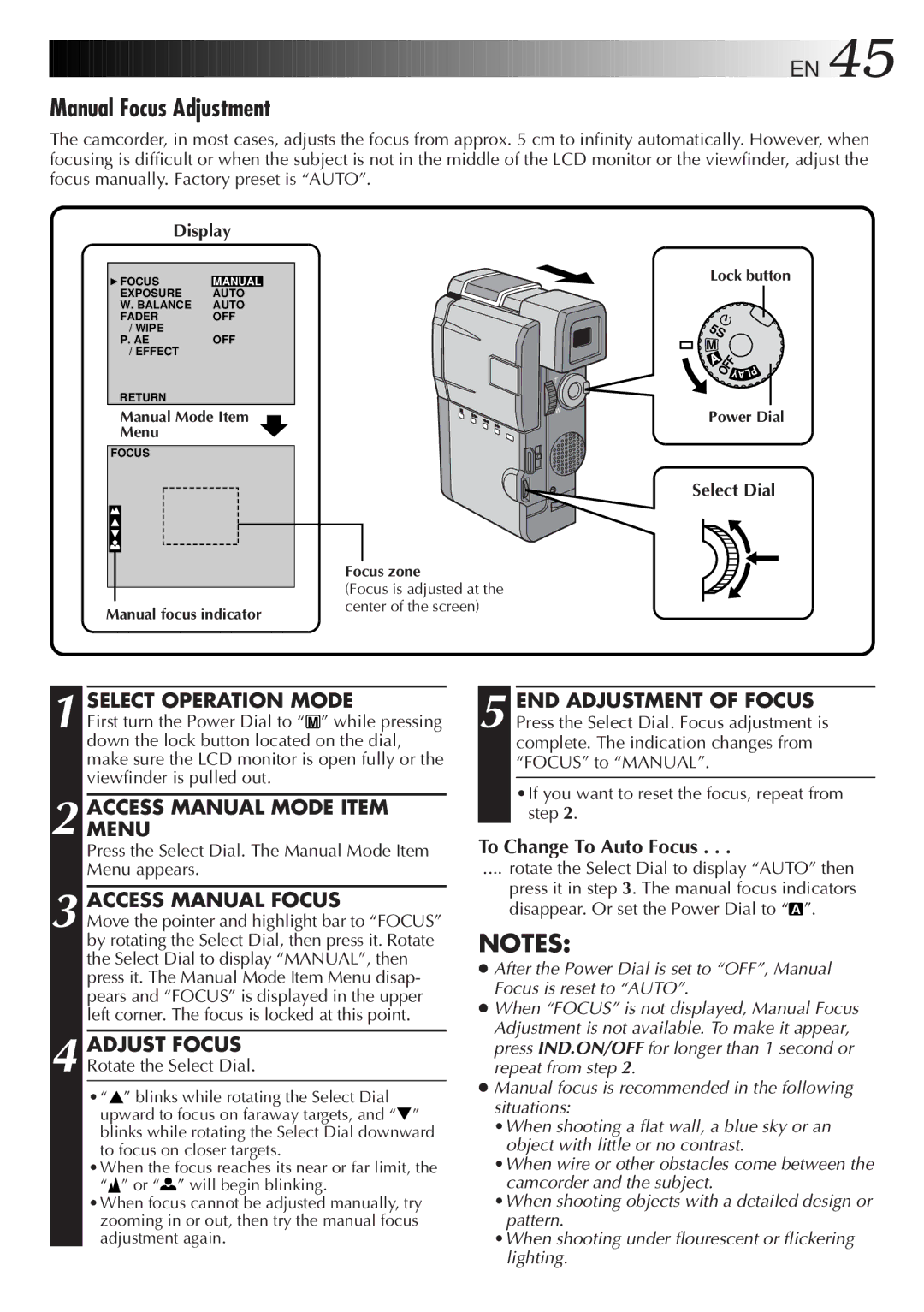 JVC GR-DVM5 manual Manual Focus Adjustment, Access Manual Focus, Adjust Focus, To Change To Auto Focus 