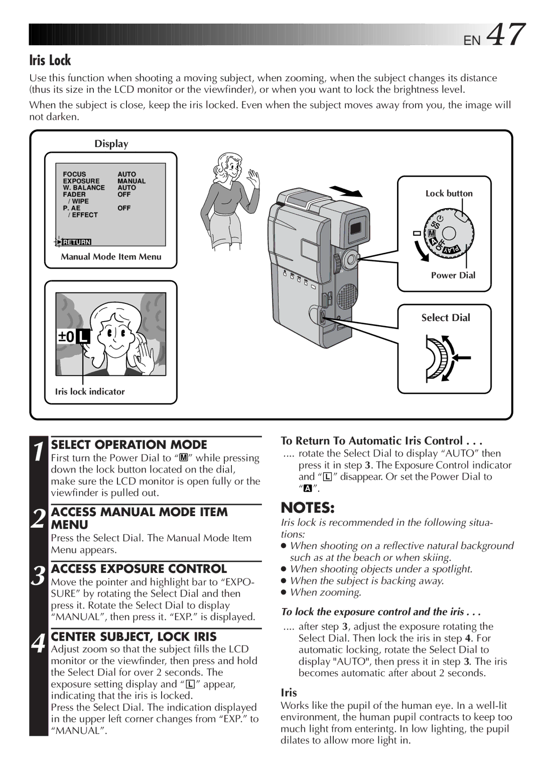 JVC GR-DVM5 manual Iris Lock, To Return To Automatic Iris Control 