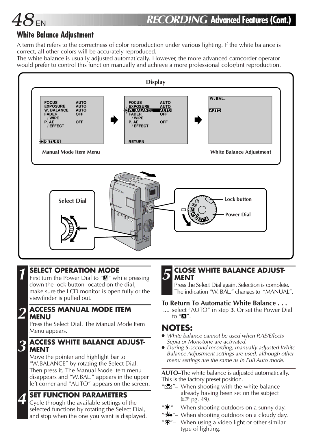 JVC GR-DVM5 manual White Balance Adjustment, Accessment White Balance Adjust, Closement White Balance Adjust 