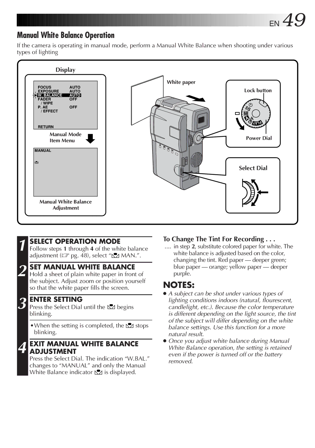 JVC GR-DVM5 manual Manual White Balance Operation, Enter Setting, Exit Manual White Balance Adjustment 