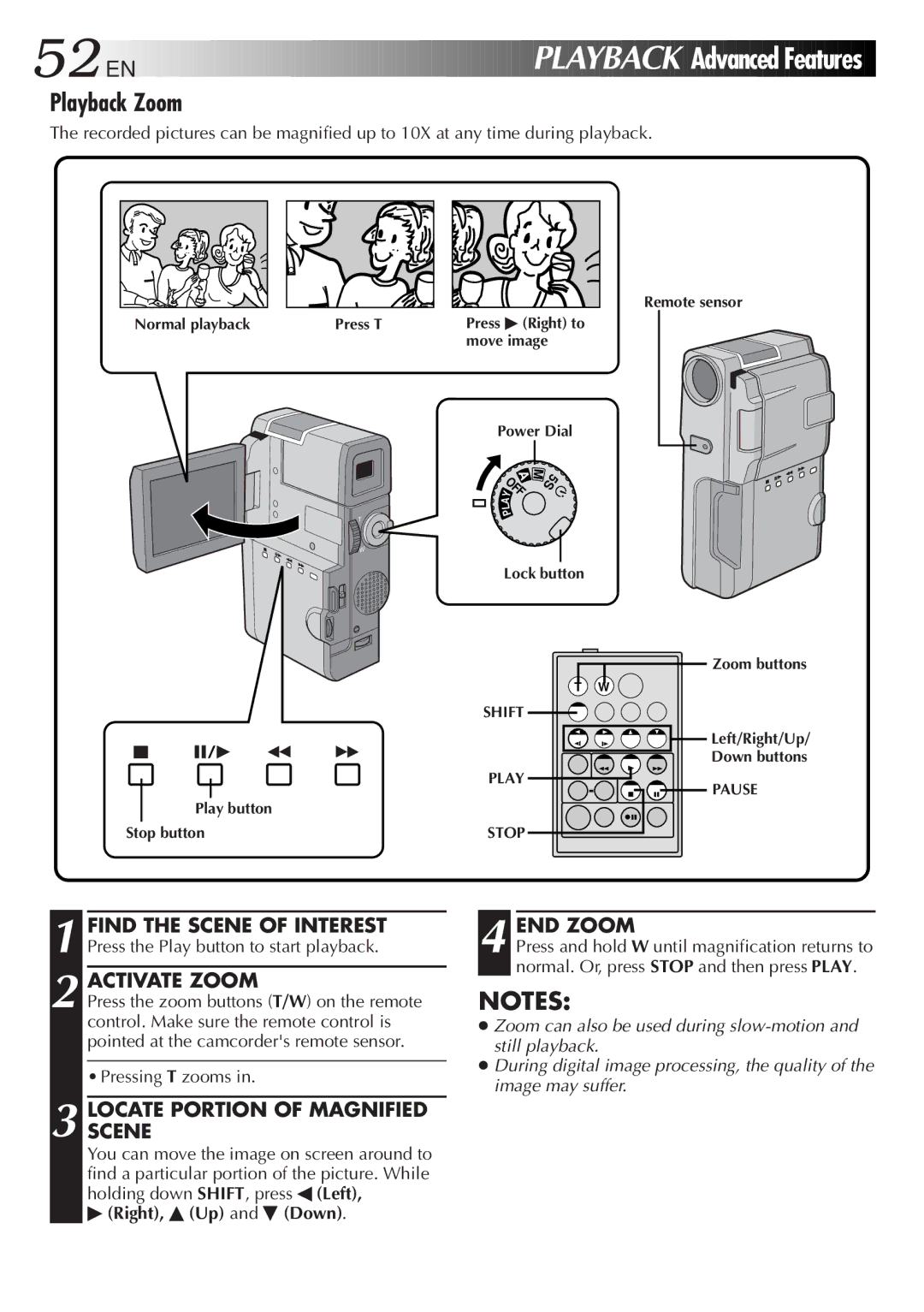 JVC GR-DVM5 manual Playback Zoom, Activate Zoom, Locatescene Portion of Magnified, END Zoom, Right, Up and ˜ Down 