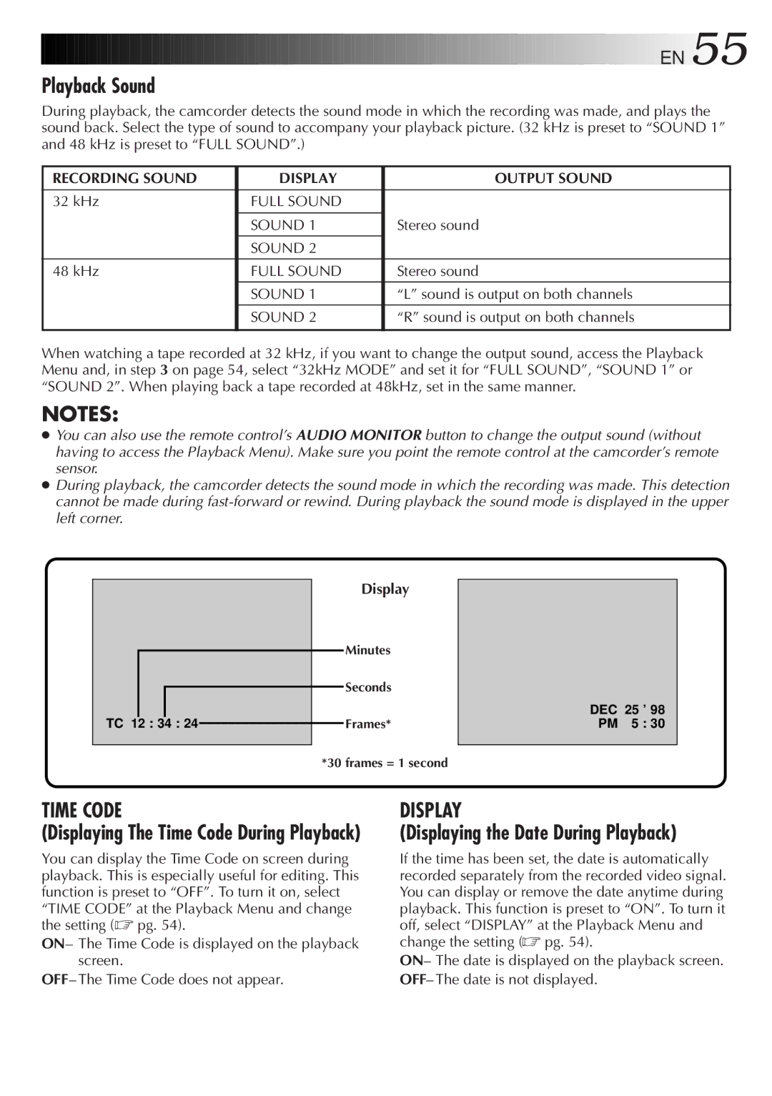 JVC GR-DVM5 manual Playback Sound, Displaying the Date During Playback, Displaying The Time Code During Playback 