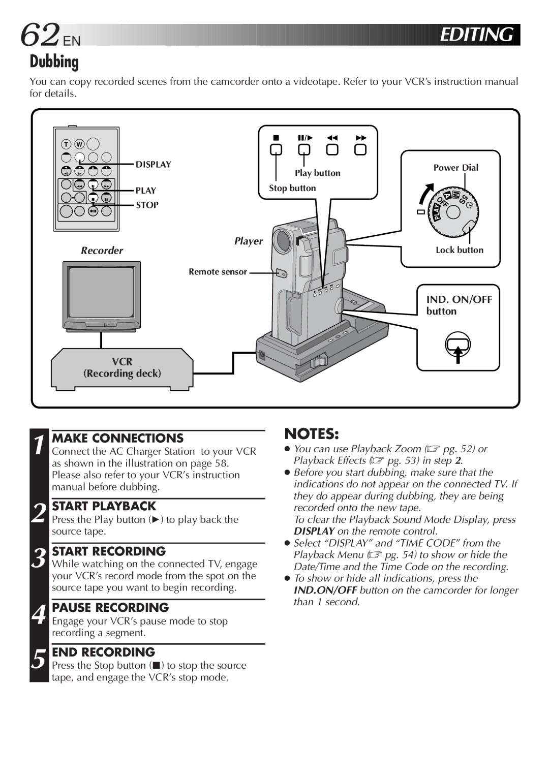 JVC GR-DVM5 manual Dubbing, Make Connections Start Playback, Pause Recording, Recording deck 