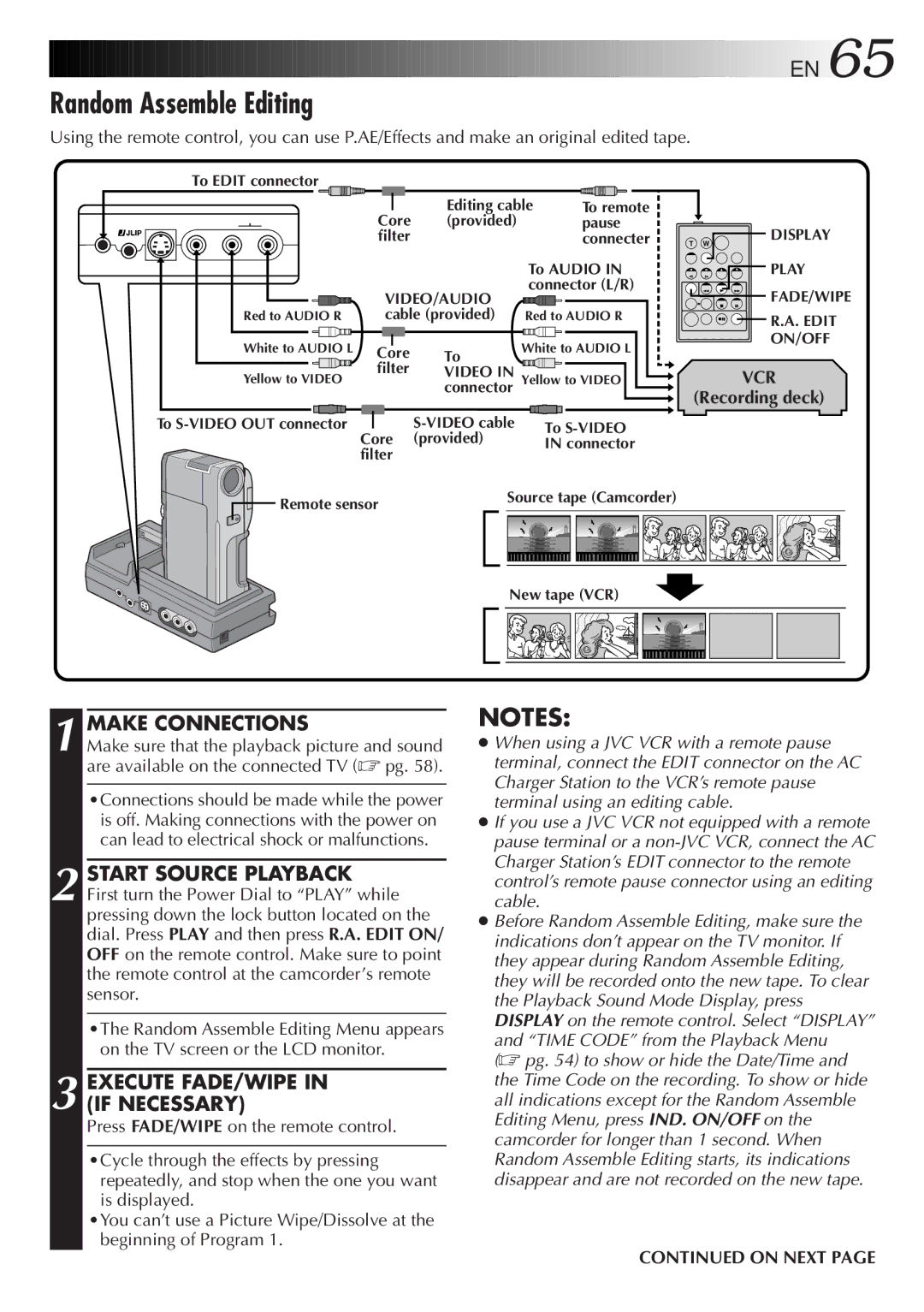 JVC GR-DVM5 manual Random Assemble Editing, Execute FADE/WIPE in if Necessary 