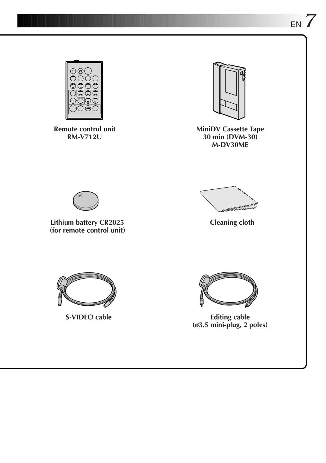 JVC GR-DVM5 manual RM-V712U Min DVM-30, DV30ME, Lithium battery CR2025, For remote control unit Video cable 