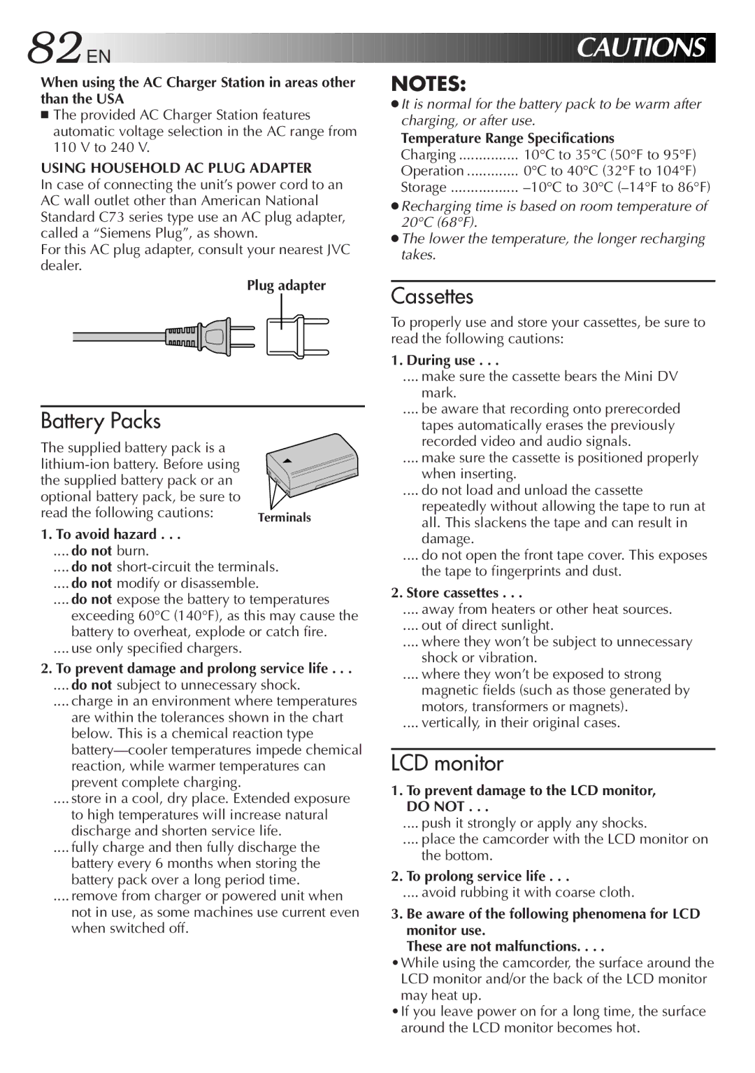 JVC GR-DVM5 manual Temperature Range Specifications, Plug adapter, To avoid hazard, During use, Store cassettes 