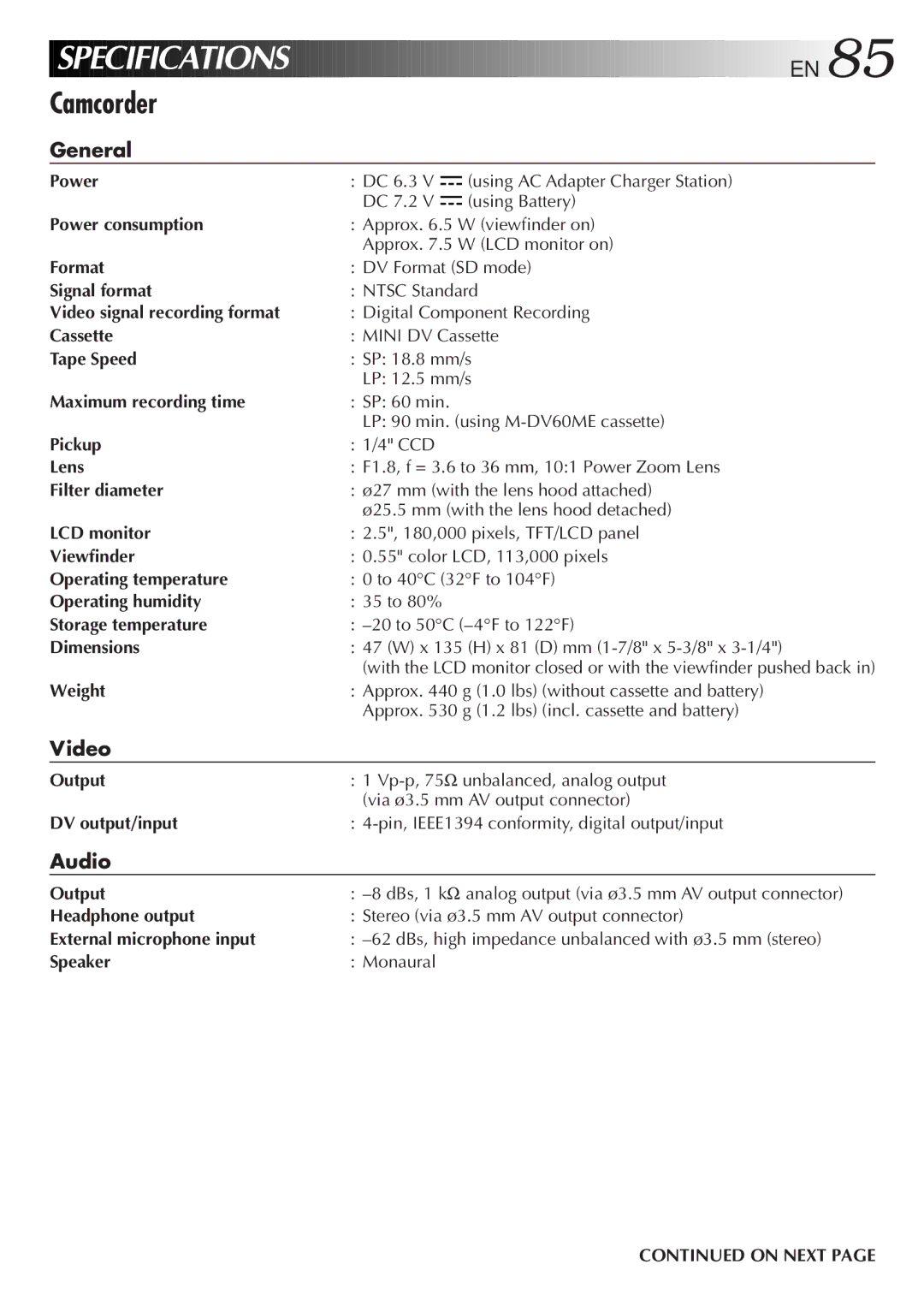 JVC GR-DVM5 manual General, Video, Audio 