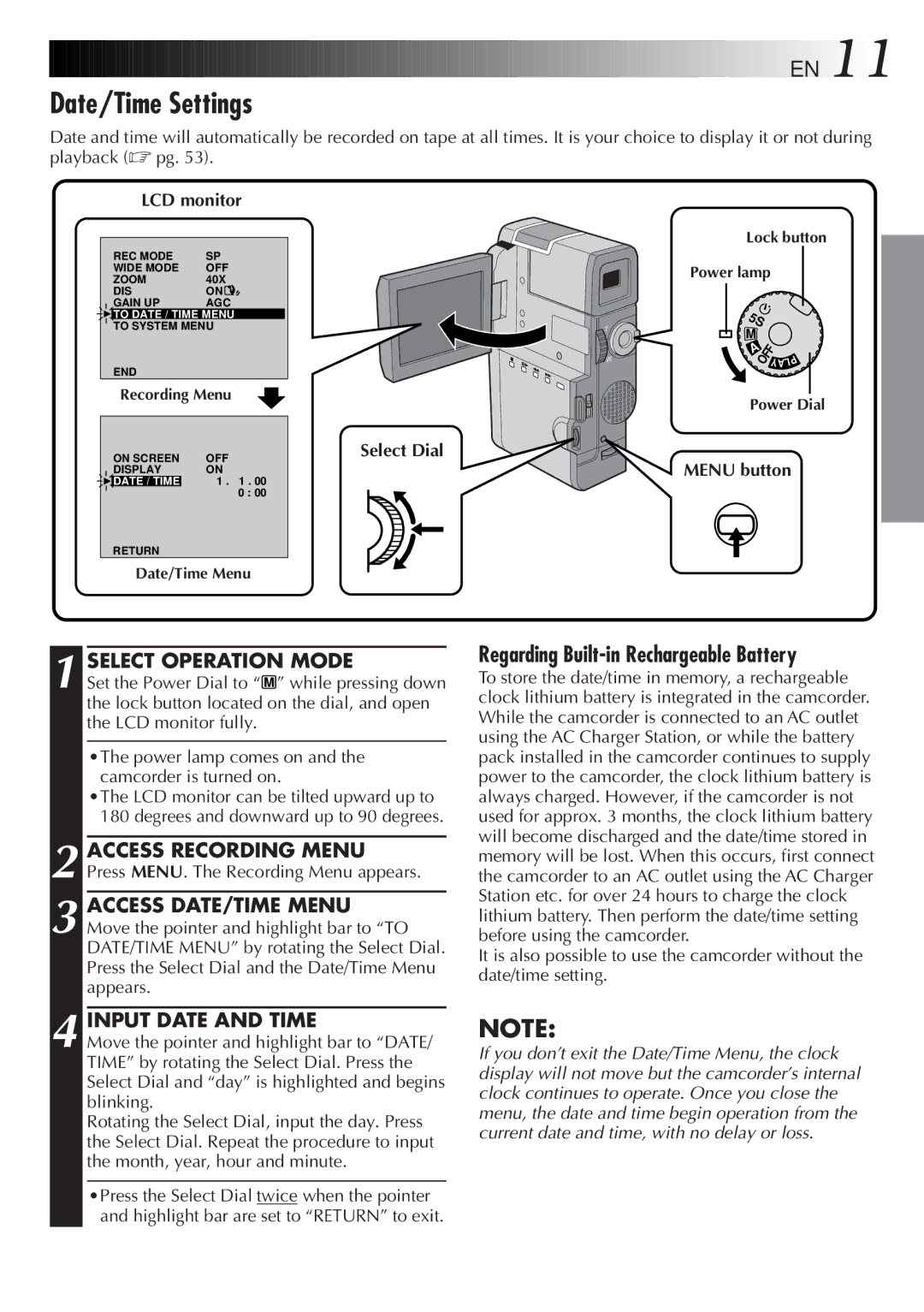 JVC GR-DVM5 Date/Time Settings, Select Operation Mode, Input Date and Time, LCD monitor, Select Dial Menu button 