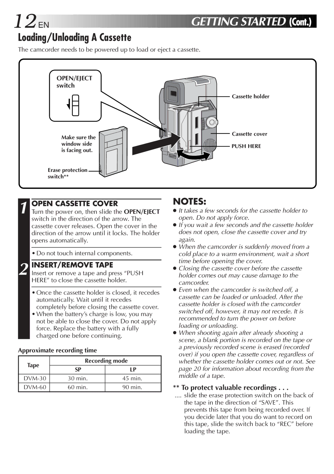 JVC GR-DVM5 Loading/Unloading a Cassette, Open Cassette Cover, INSERT/REMOVE Tape, To protect valuable recordings 