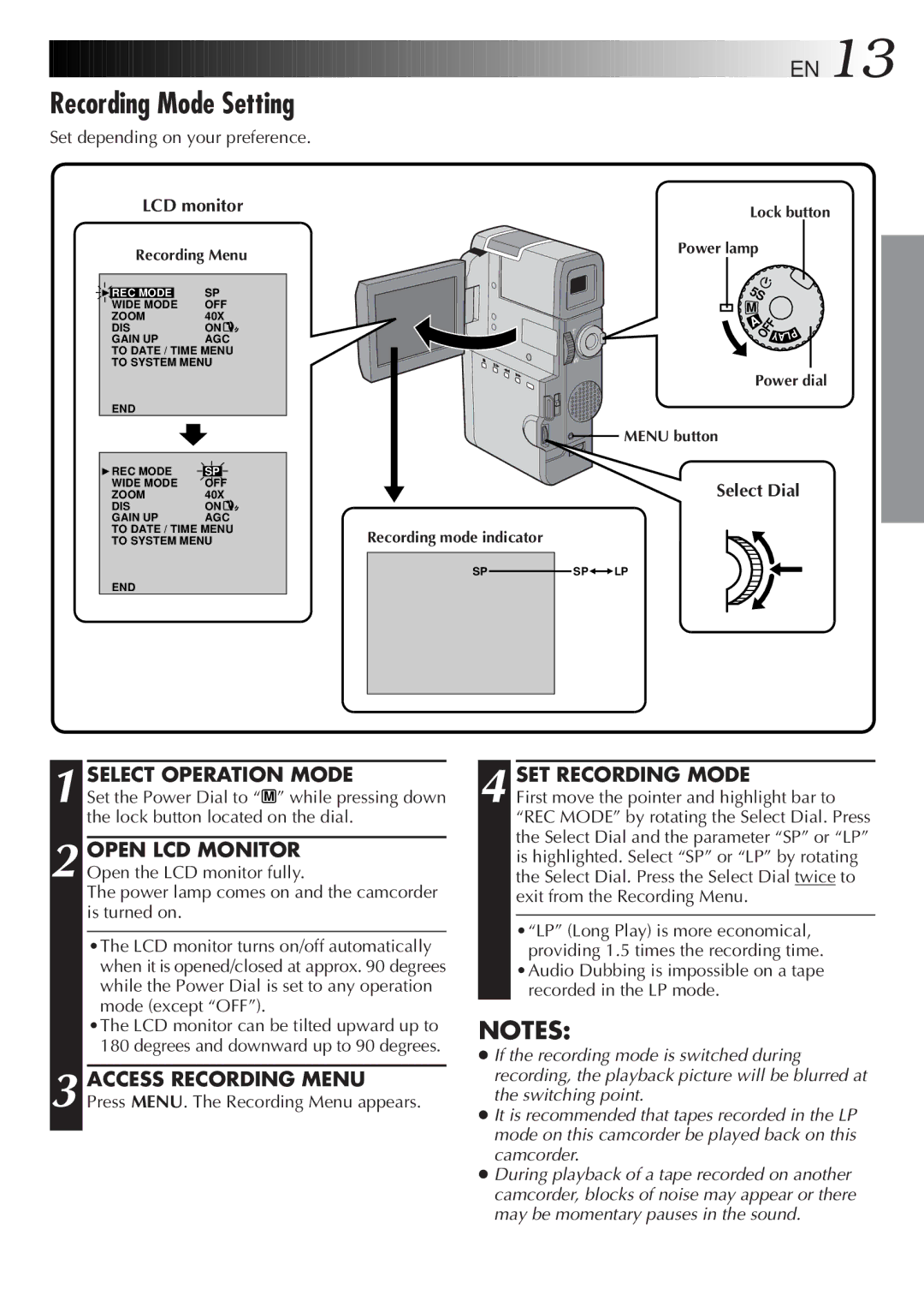 JVC GR-DVM5 specifications Recording Mode Setting, SET Recording Mode, Set depending on your preference, Select Dial 