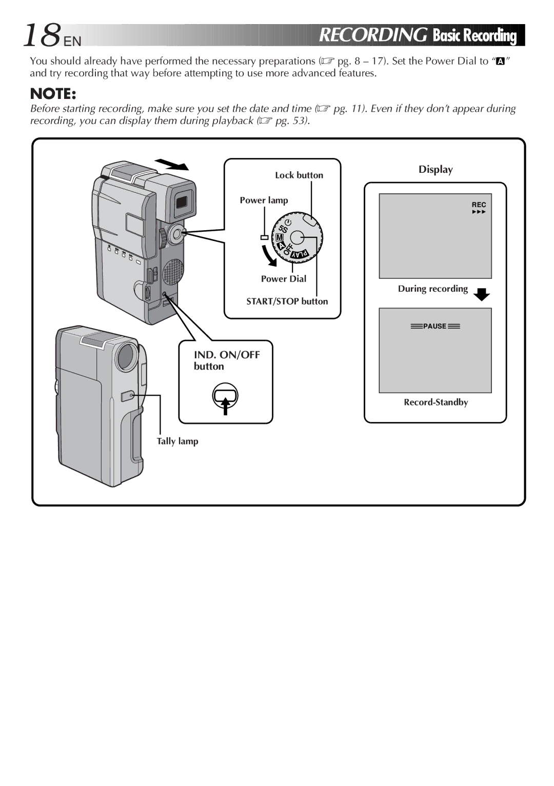 JVC GR-DVM5 specifications EN Recording, IND. ON/OFF button Display 