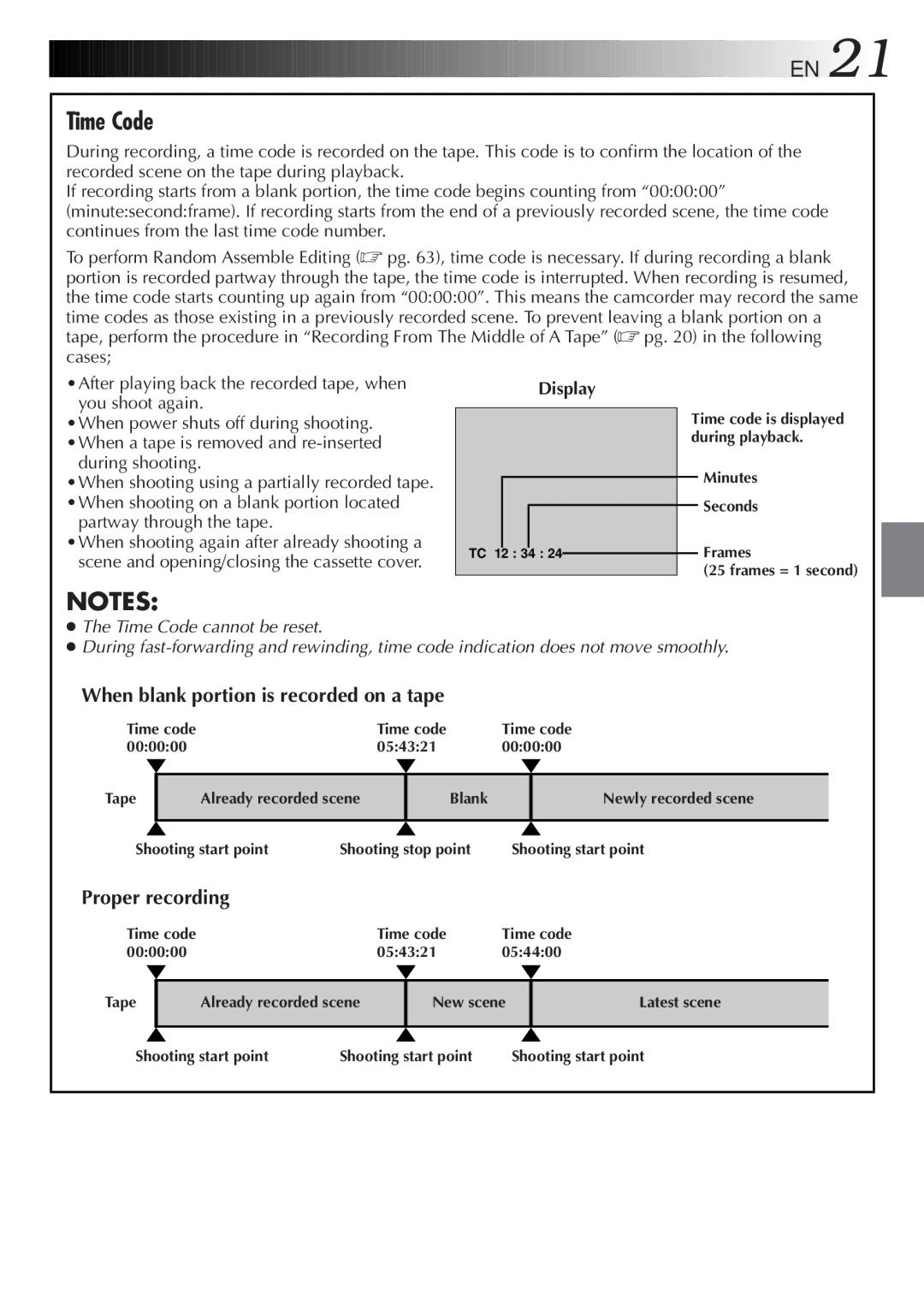 JVC GR-DVM5 specifications Time Code, When blank portion is recorded on a tape, Proper recording, During shooting 