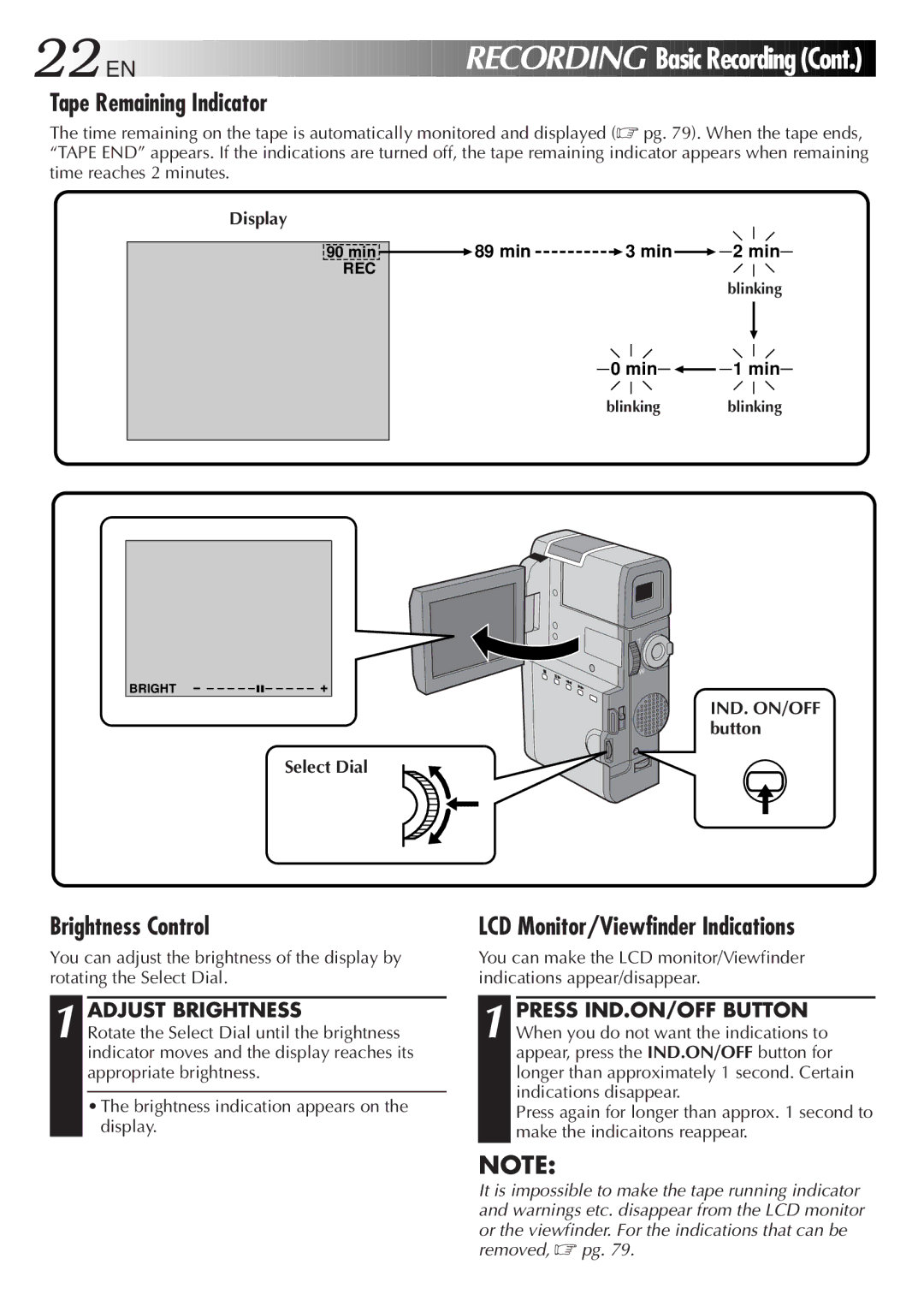 JVC GR-DVM5 Tape Remaining Indicator, Brightness Control, LCD Monitor/Viewfinder Indications, Adjust Brightness 