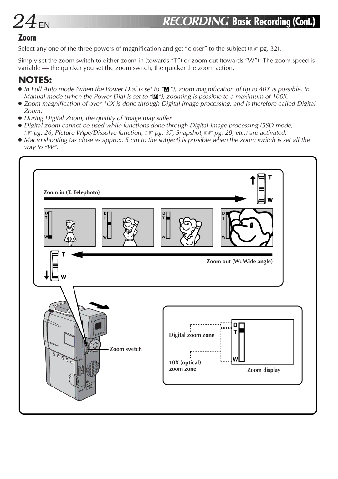 JVC GR-DVM5 specifications EN Recording, Zoom 