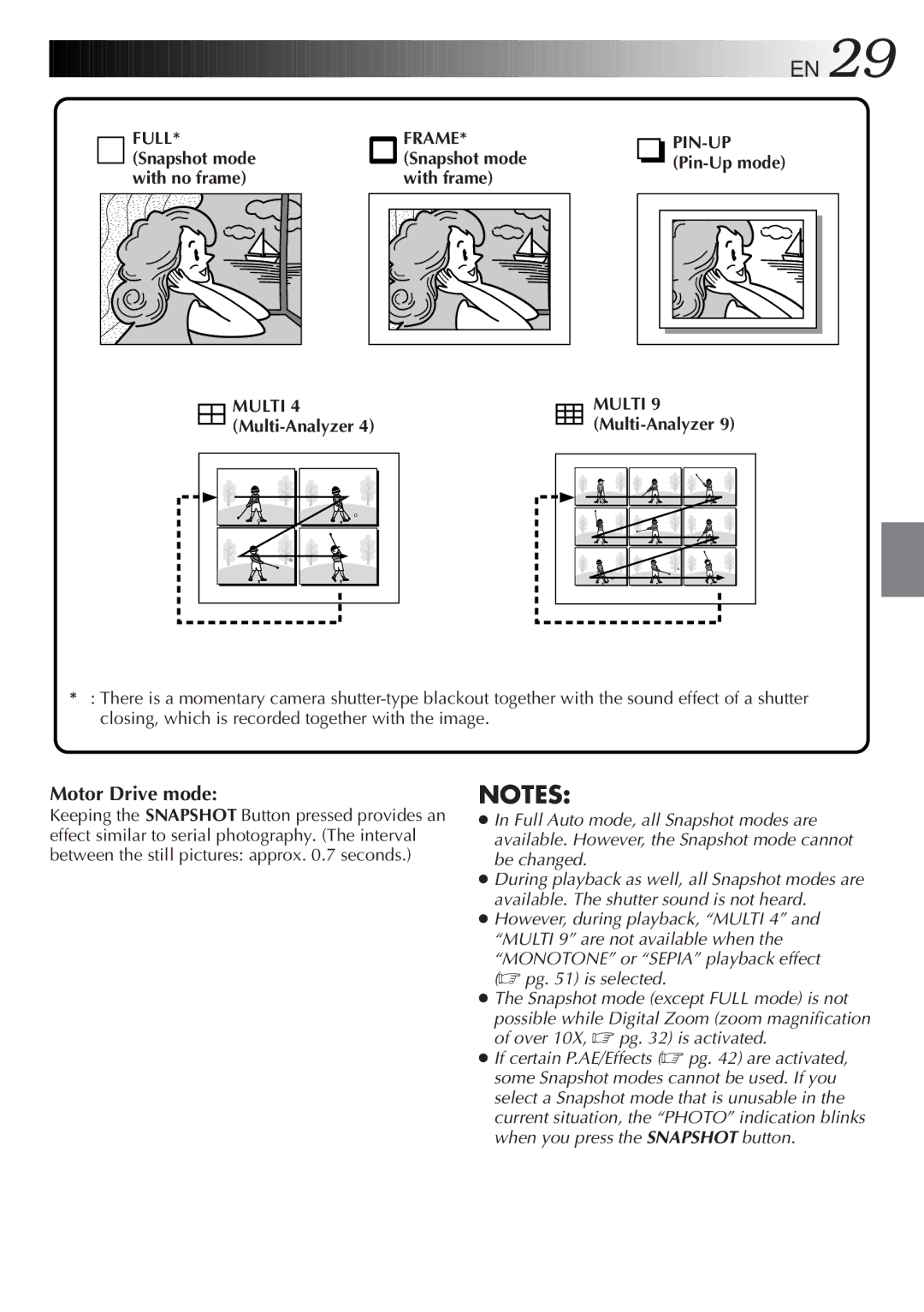 JVC GR-DVM5 specifications Motor Drive mode, Snapshot mode Pin-Up mode With frame 