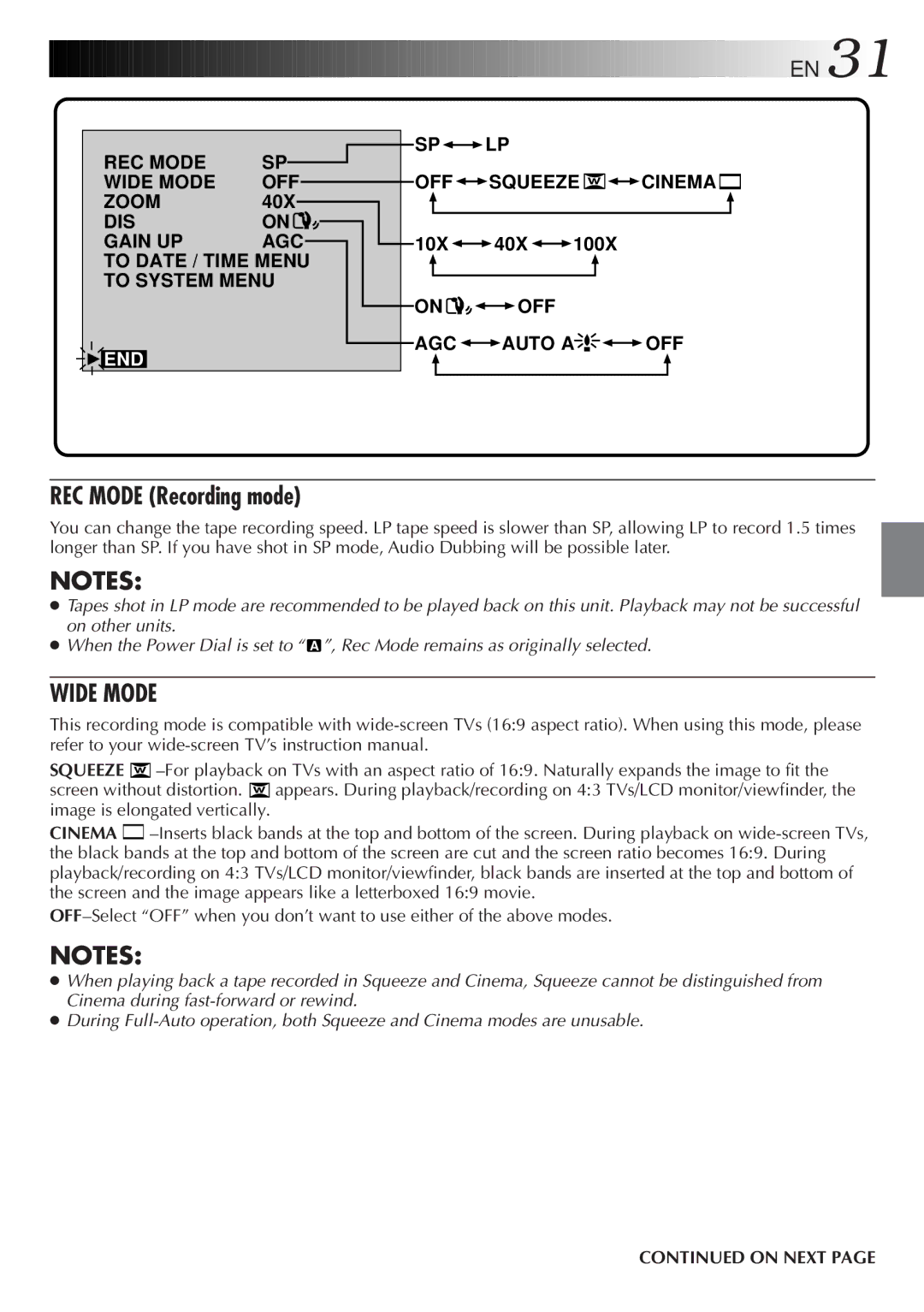 JVC GR-DVM5 specifications REC Mode Recording mode, Wide Mode 