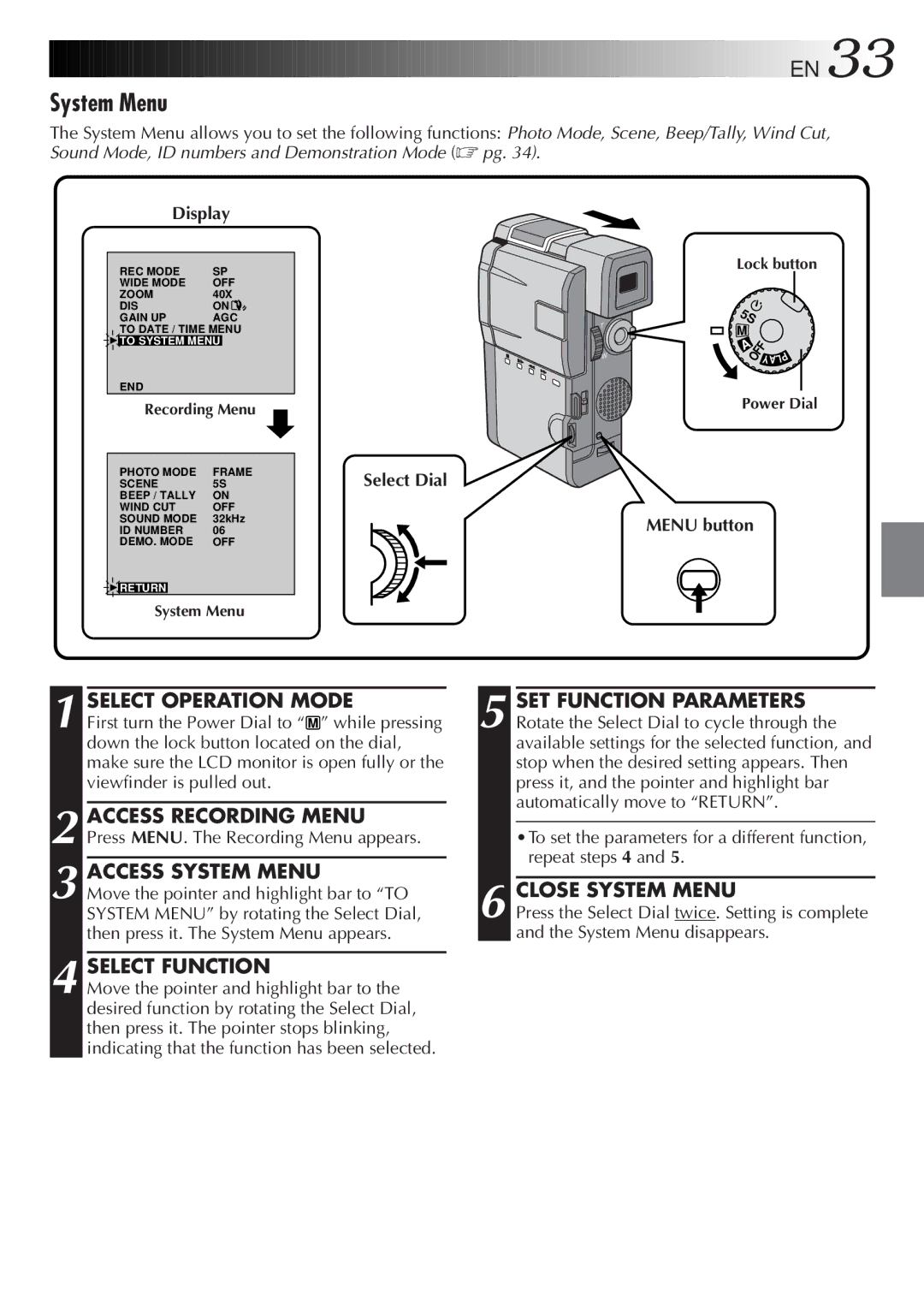 JVC GR-DVM5 specifications Close System Menu 