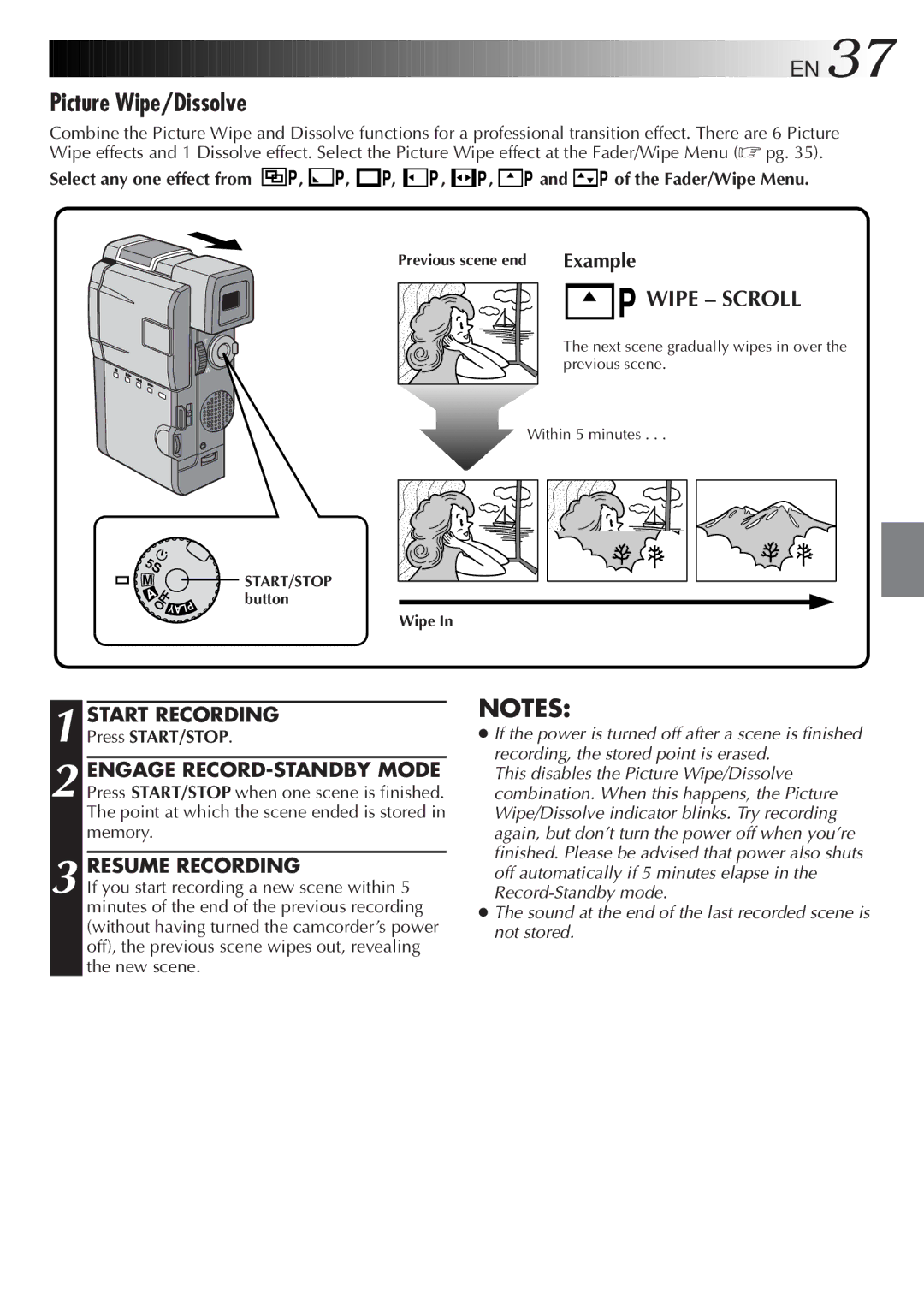 JVC GR-DVM5 specifications Picture Wipe/Dissolve, Resume Recording, P and P of the Fader/Wipe Menu 